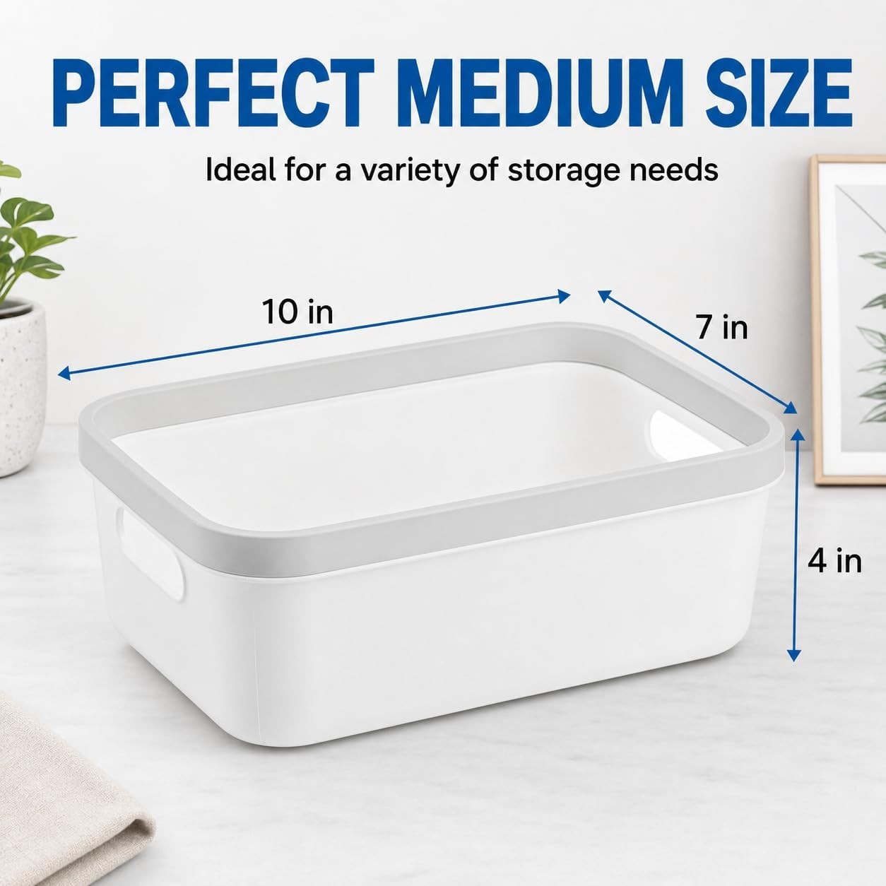 Set of 6 Plastic White Storage Bins with Handle 10″x 7″x 4″ Office Shelf Open