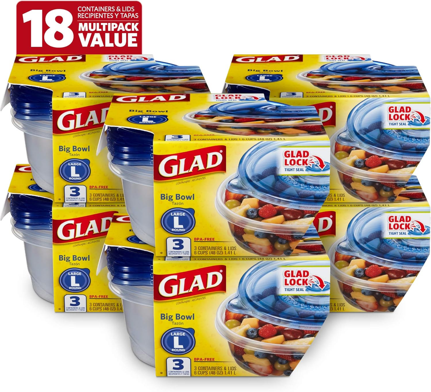 Glad Gladware Big Bowl Food Storage Containers with Lids, Large round No BPA Pla
