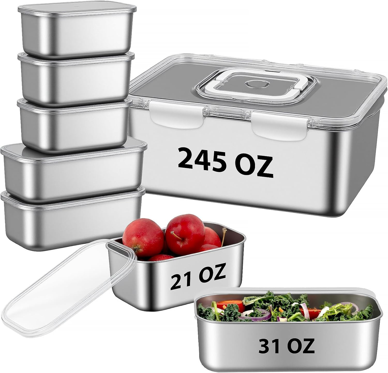 8 PCS Large Stainless Steel Food Storage Containers with Lids, 3 Sizes Meal Prep
