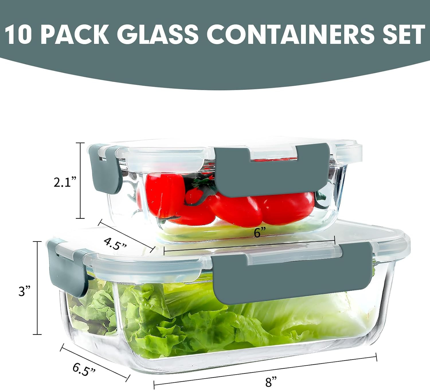 10 Pack Glass Meal Prep Containers, Airtight Glass Lunch Containers, Stackable G