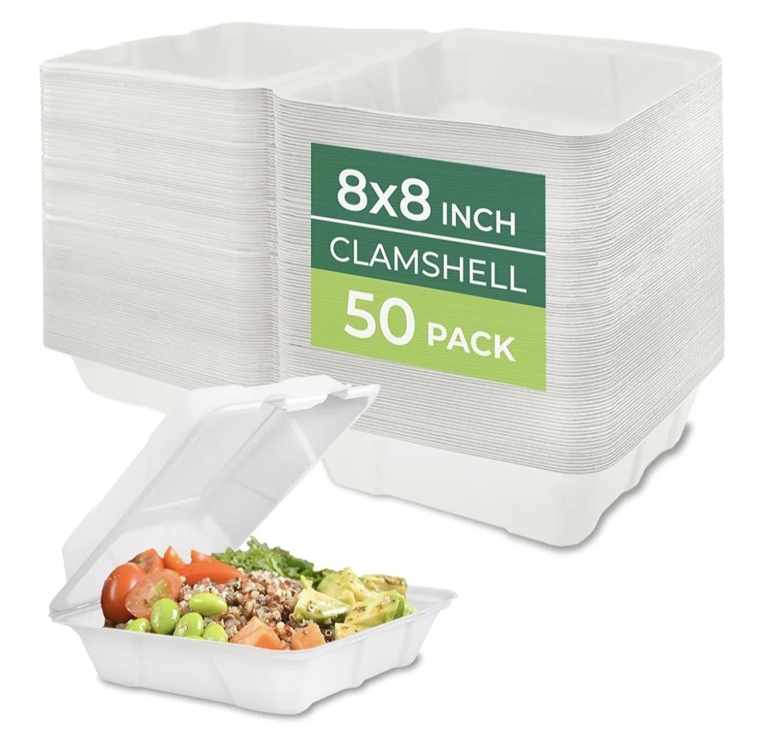 100% Home Compostable 50 Pack Disposable Clamshell Take Out Food Containers, 8X8
