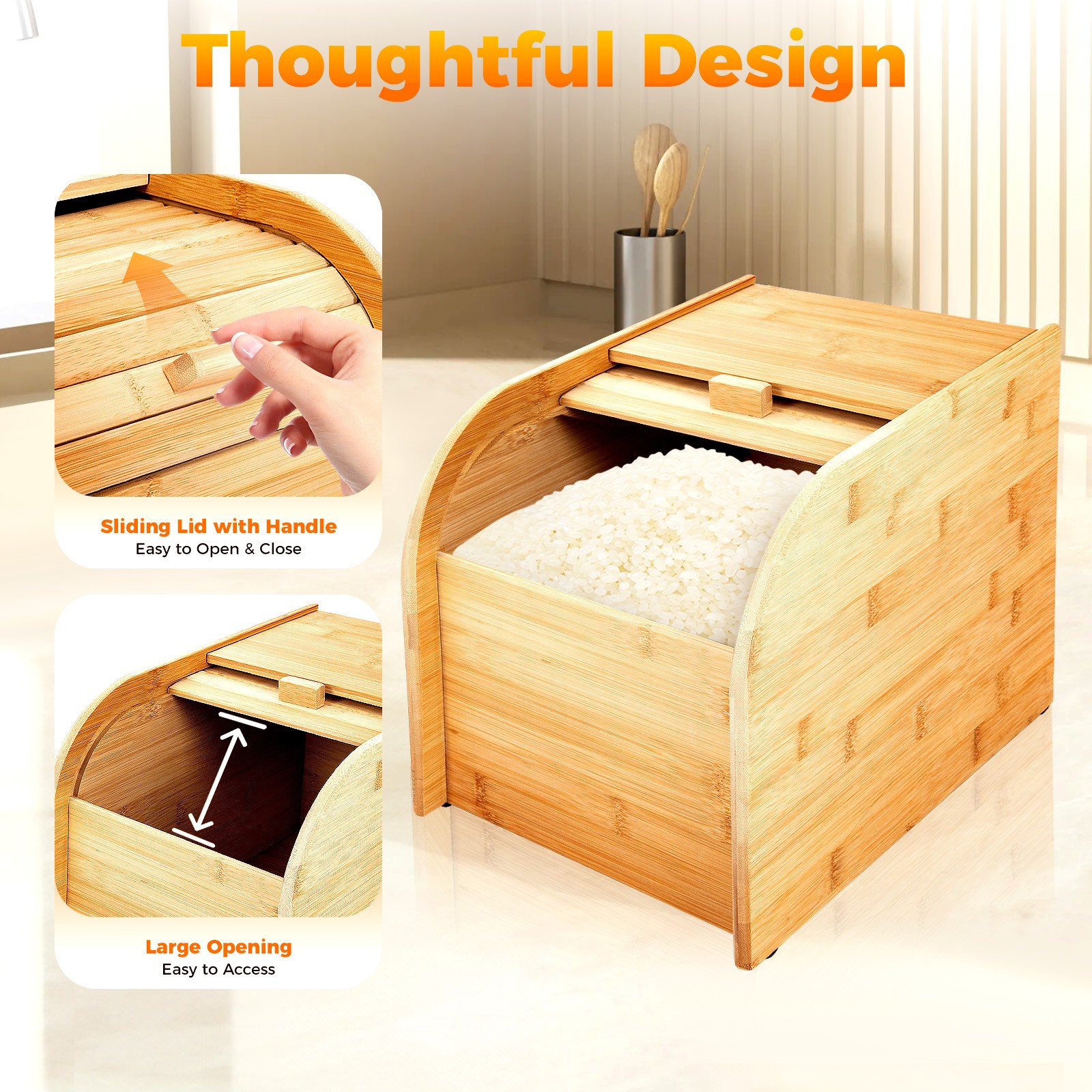 Bamboo Rice Storage Container With Lid Tabletop Store Receptacle With Rice Cup