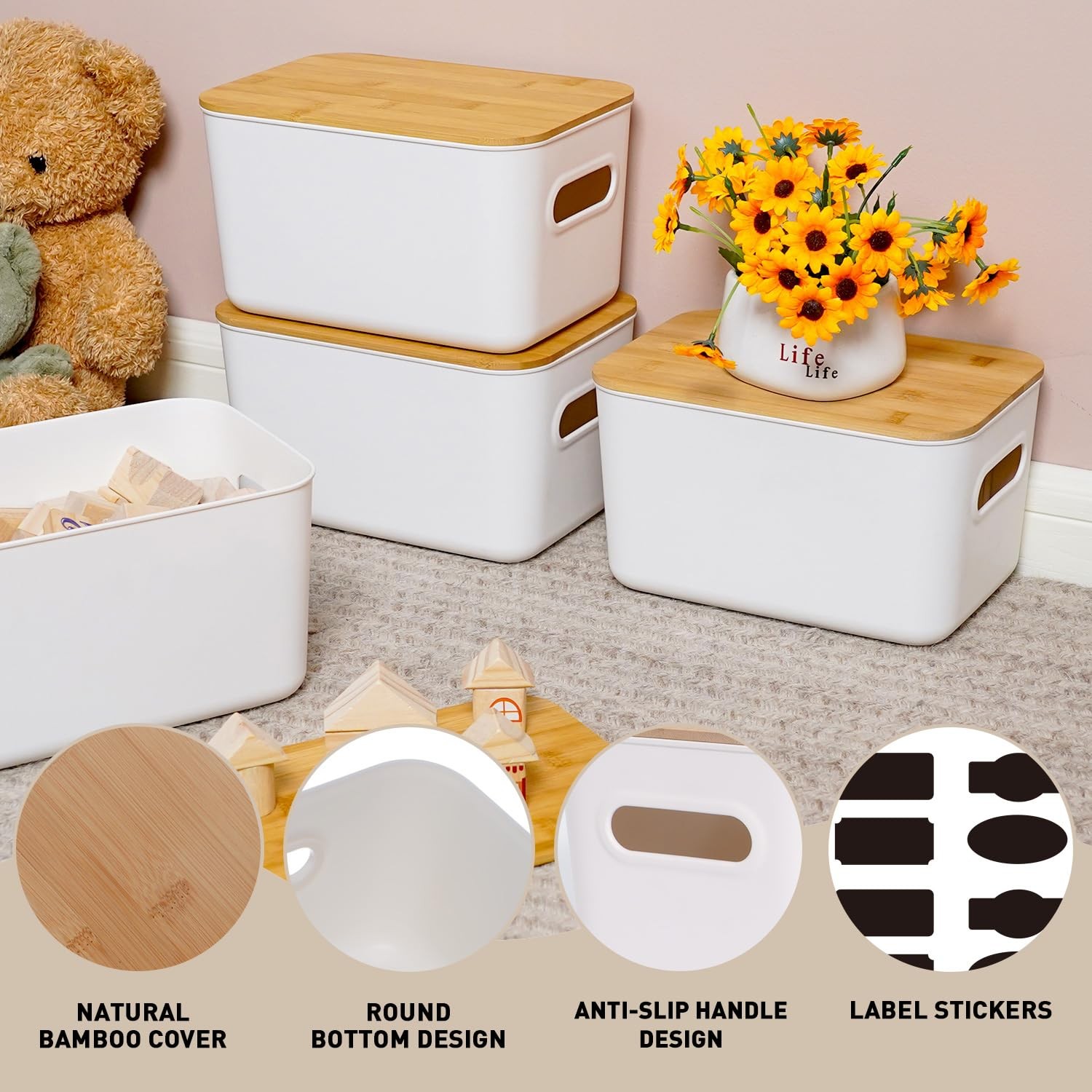 Bamboo Lid Storage Bins 7QT Stackable Organizer Boxes with Handle, 4 Pack