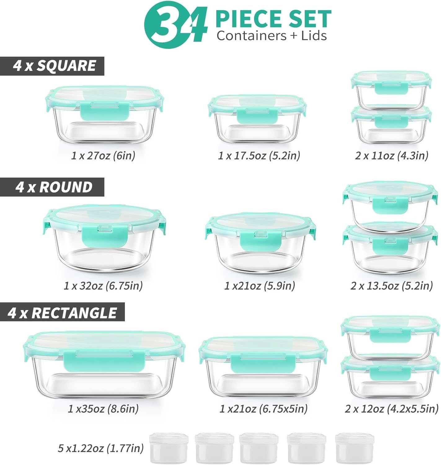 34pcs Glass Food Storage Containers with Lids Set, Airtight Glass Meal Prep C…