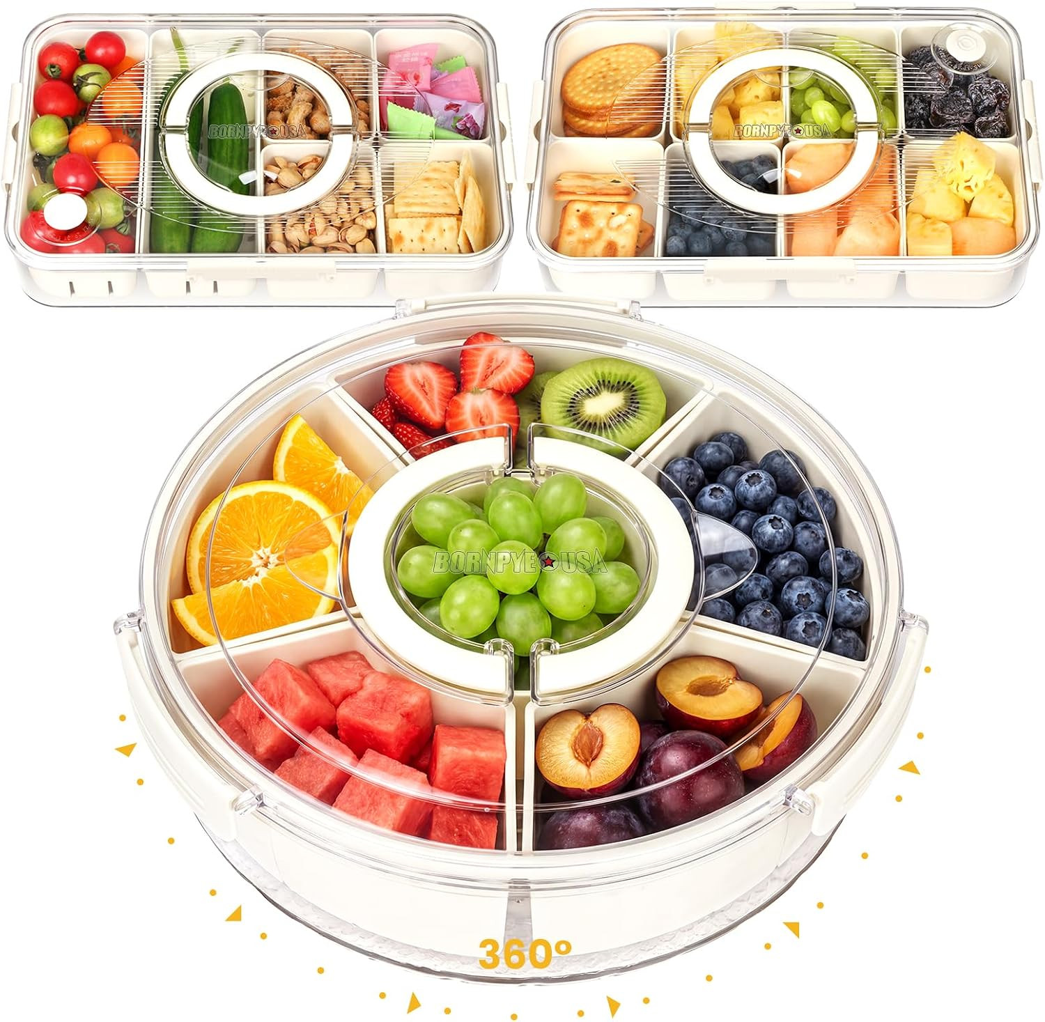 3-Piece Snackle Box Container Set, 2 Rectangle & 1 round 8-Compartment Snack Org