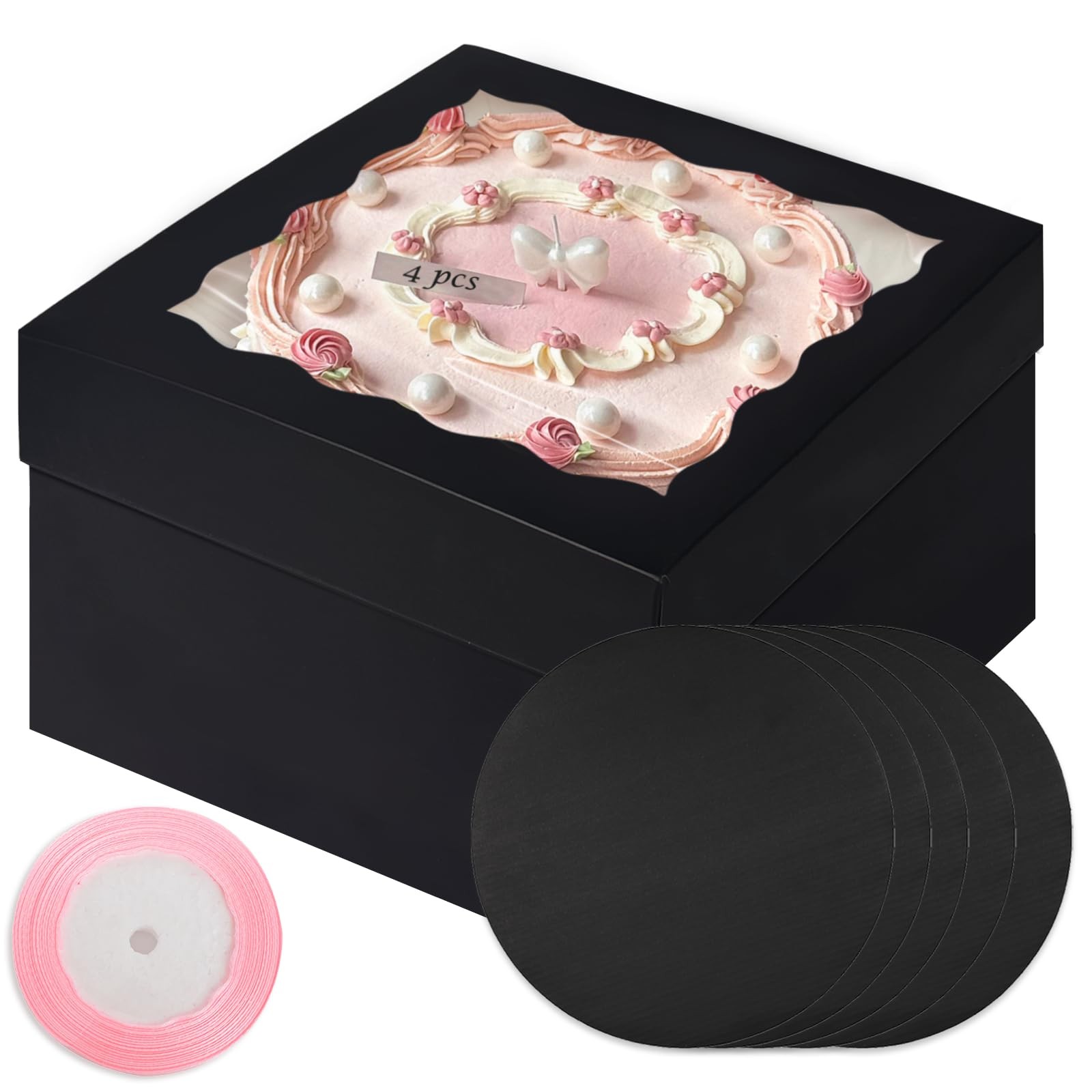 4 Sets Black 10x10x8 Inch Cake Box With Window 10 Inch Round Boards Ribbon