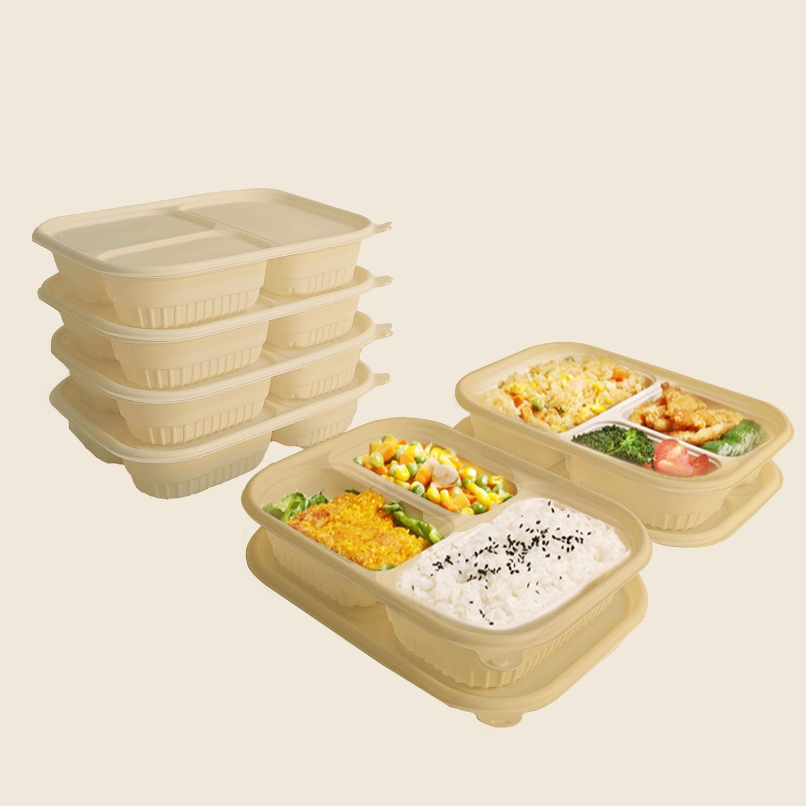 30 Packs of Disposable 36 Ounce Square Meal Prep Container, 3-Chamber biodegr…