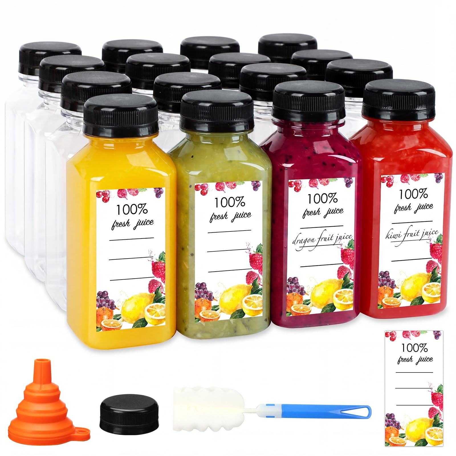 Moretoes 50pcs 8oz Juice Bottles, Plastic Bottles with Caps, Bulk Clear Beverage