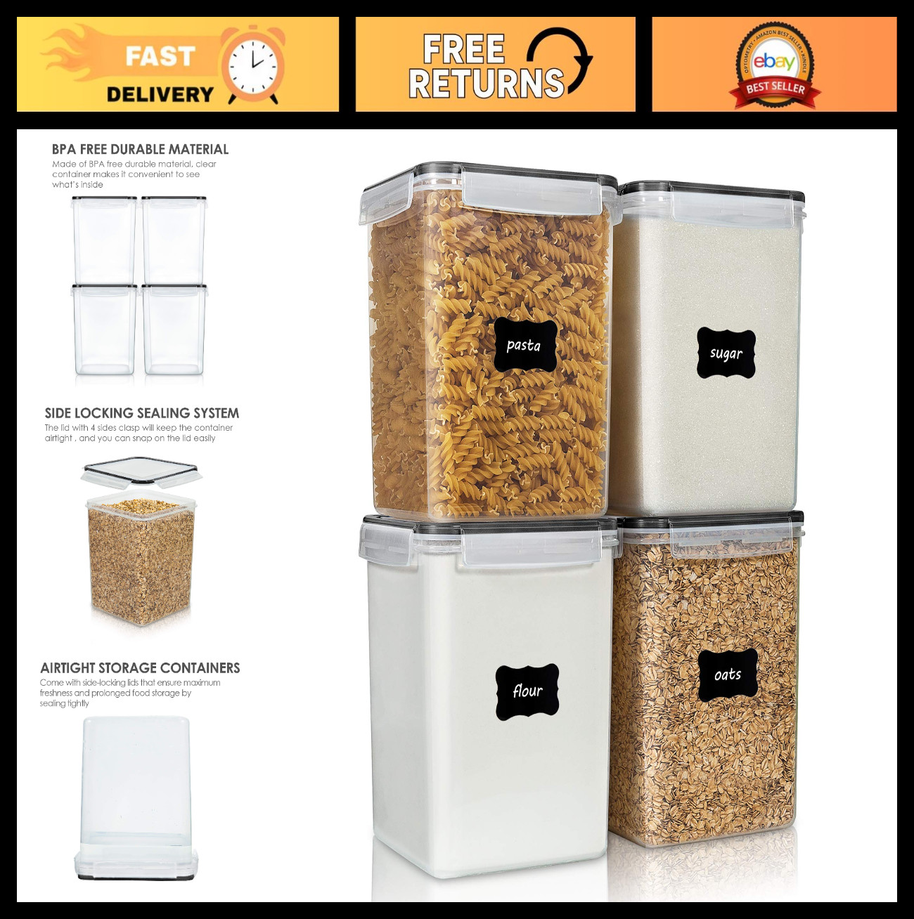 4 PCS Large Airtight Food Storage Containers, 5.2L BPA Free Canisters for Flour,