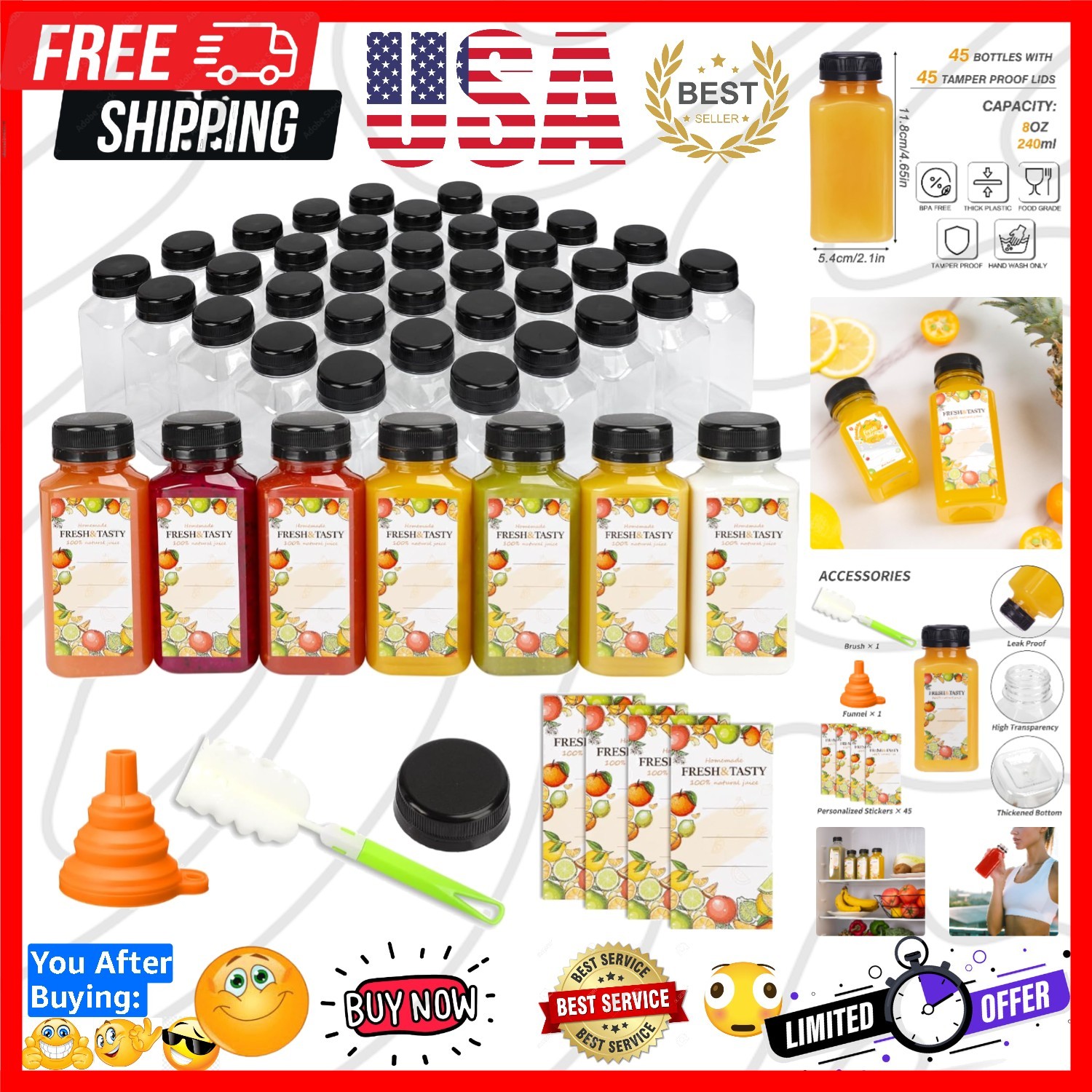 45pcs 8oz Plastic Juice Bottles with Black Caps Empty Reusable Clear Bottles …