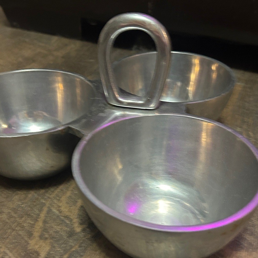Pewter 3 Compartment Condiment Snack Nut Candy Dish Handle Made in India