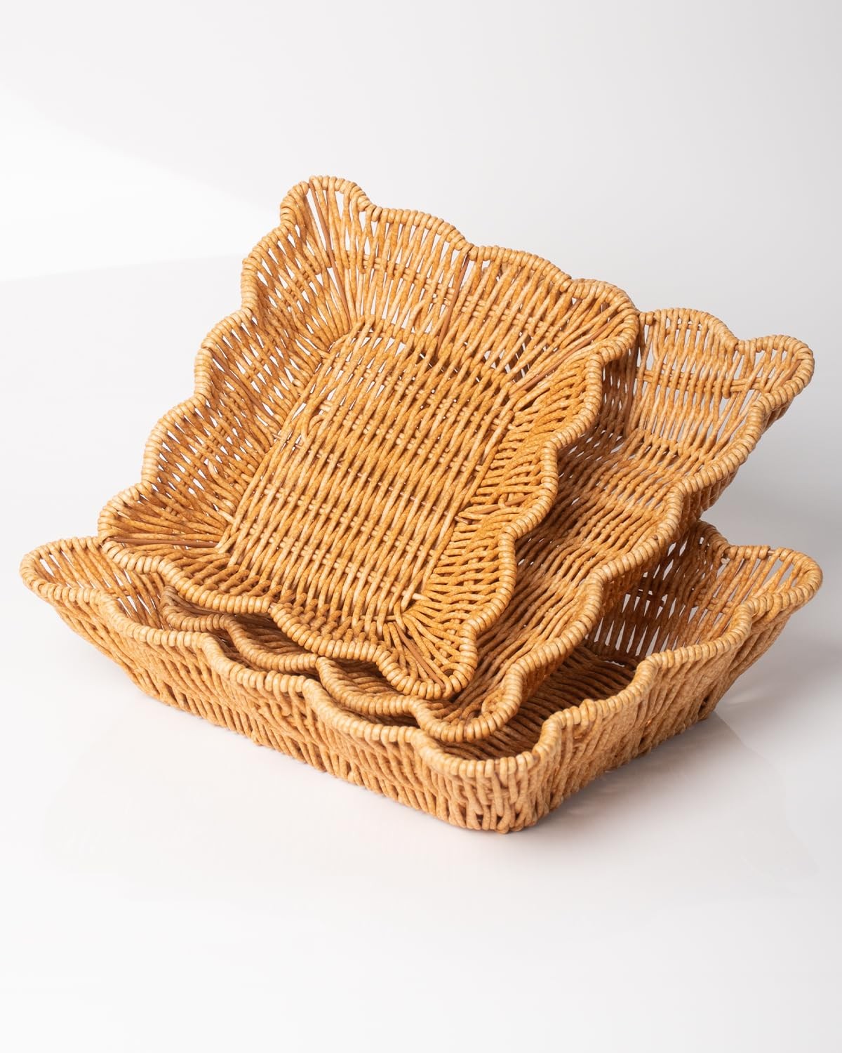 Woven Scalloped Storage Baskets Set of 3, Wicker Poly Rattan Serving Trays fo…