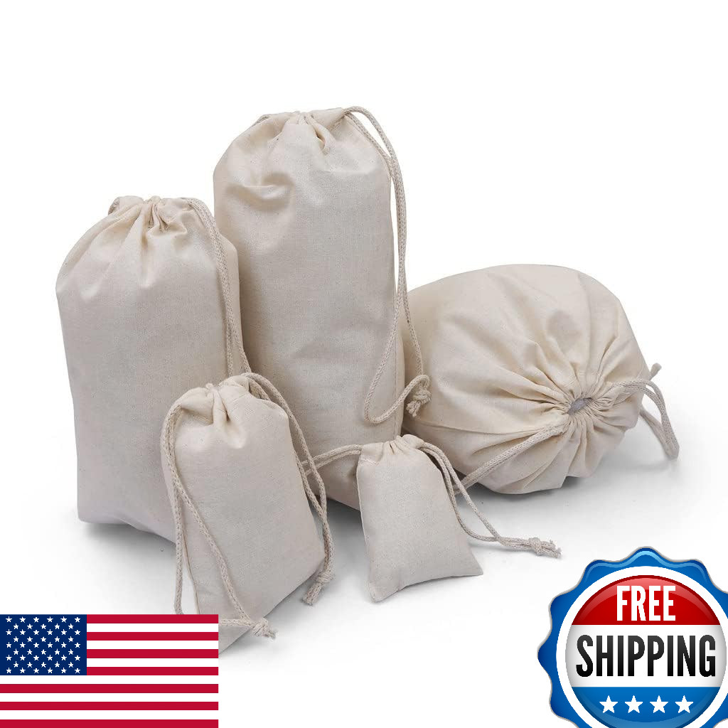 BigLotBags 100Pcs 6 x 8 Inches Premium Cotton Muslin Double Drawstring Bags, Reu