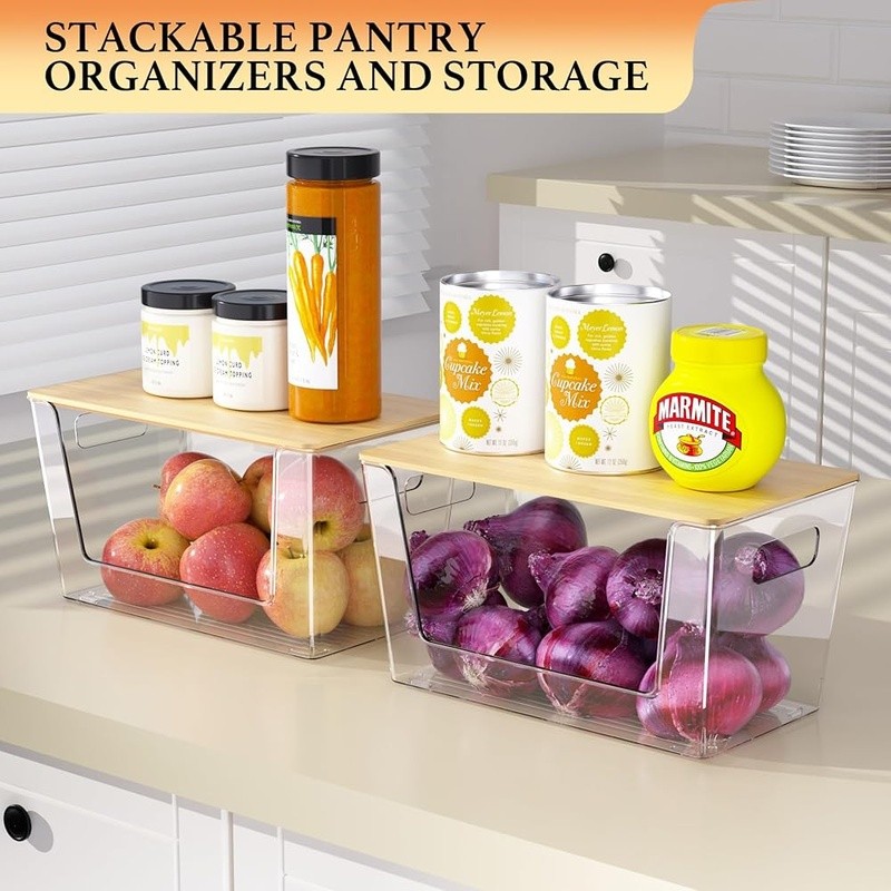Stackable Pantry Organizers Clear Acrylic Bins W/ Bamboo Lid Kitchen Storage New