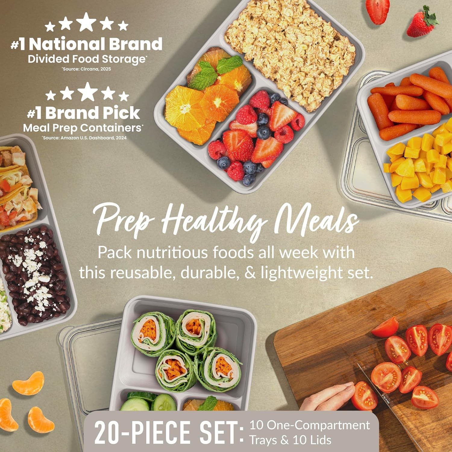 3-Compartment Meal Prep Container Set – 20 Pieces, Perfect for Healthy Portions