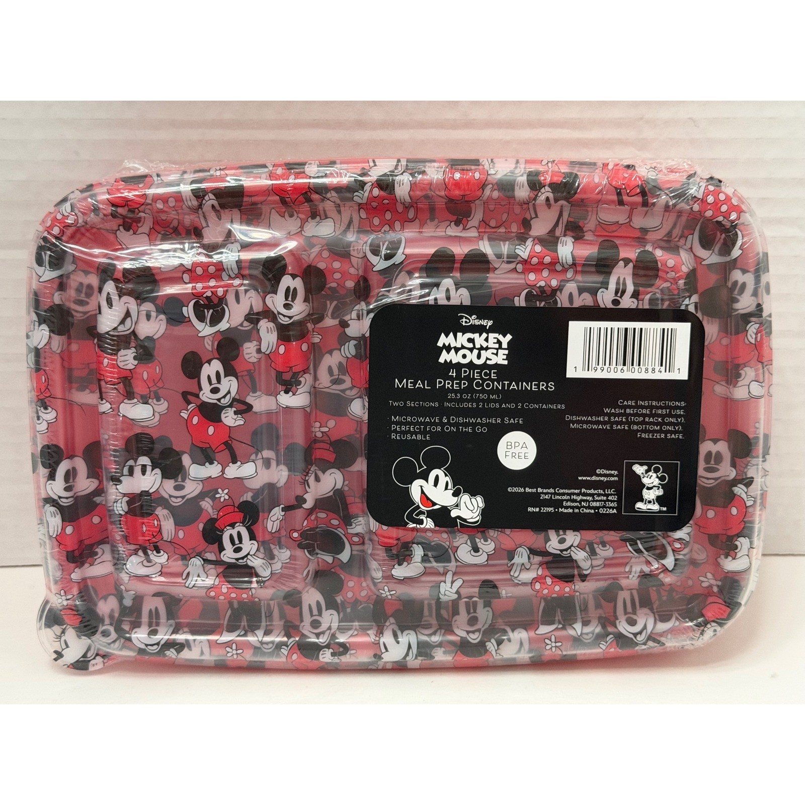 Disney Mickey Mouse 4 Piece Meal Prep Containers 25.3oz Two Sections BPA Free