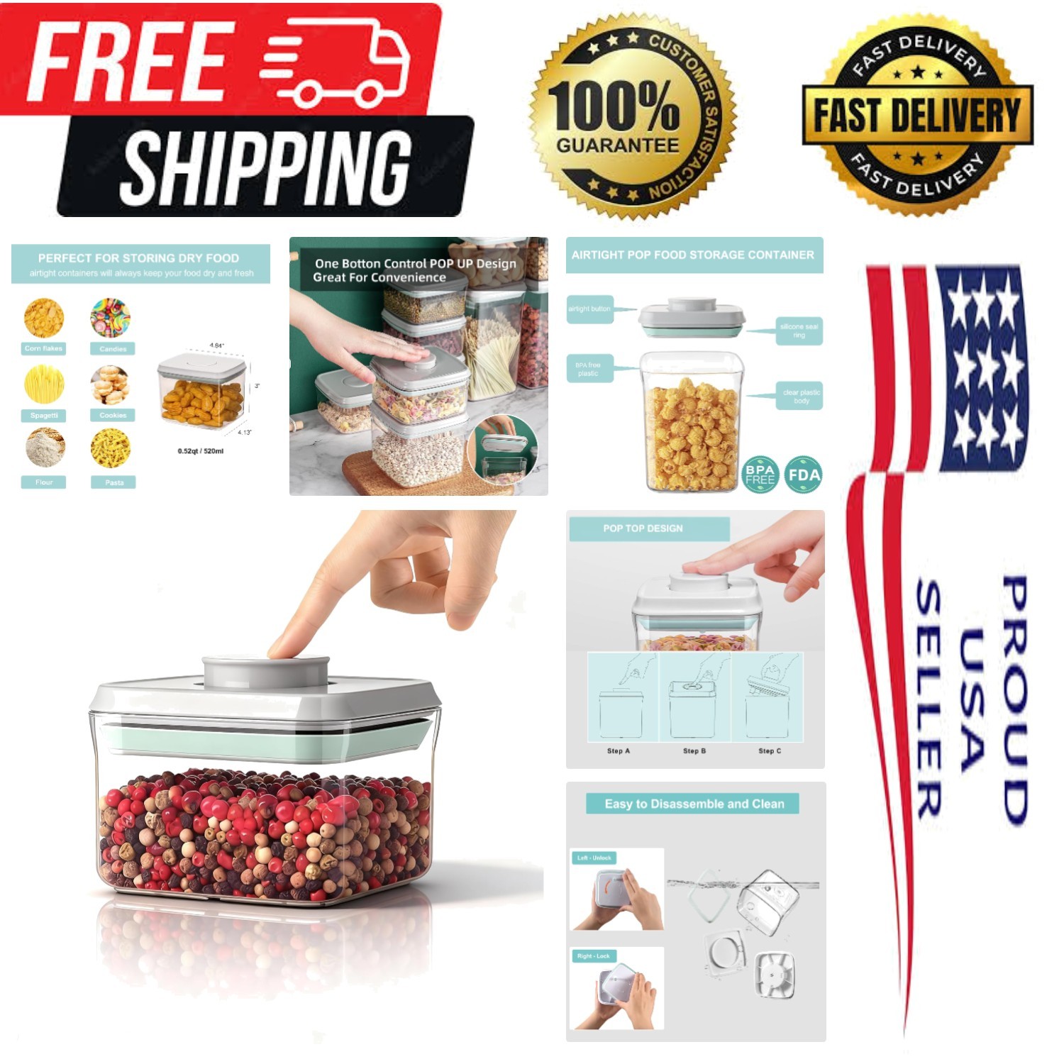 Convenient One-Button Airtight Food Storage Container – Rectangle 520ml