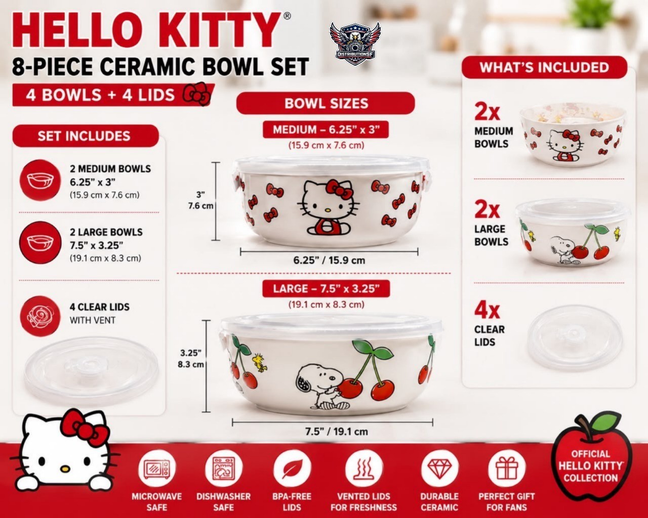 Hello Kitty 8 Piece Ceramic Food Storage Bowl Set w/ Lids Microwave Safe