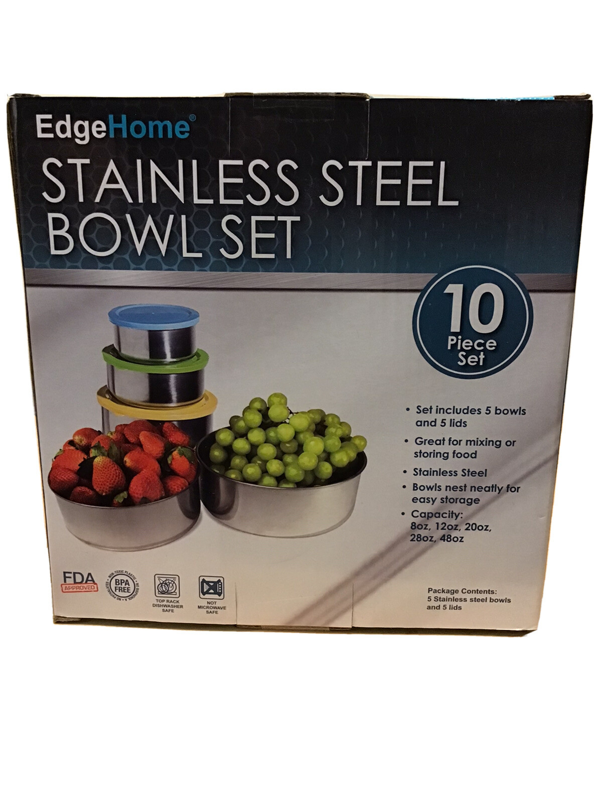 New Edge Home Stainless Steel Bowl Set 10 Piece. NEW!