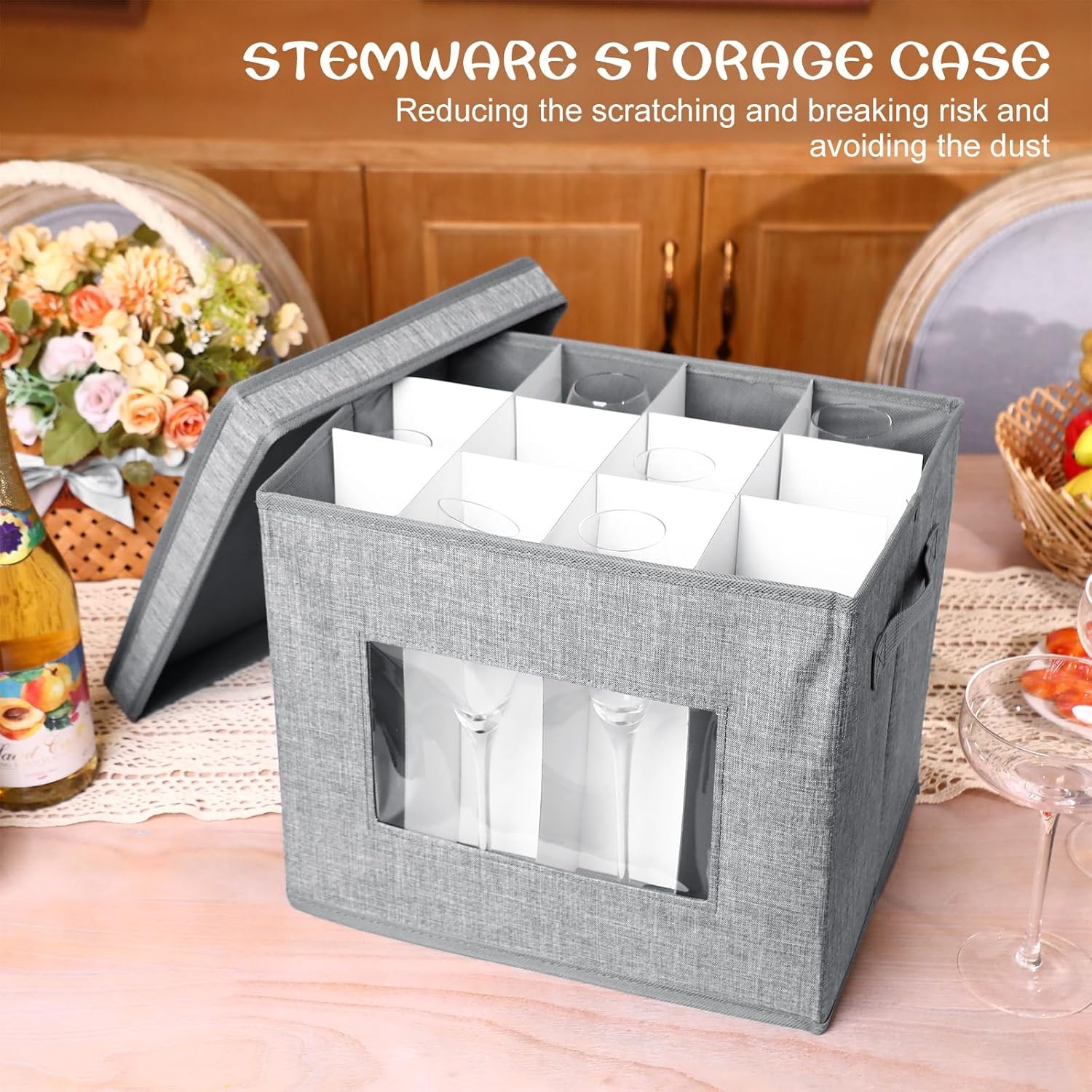 Uiifan 6 Pack Stemware Storage Box Set with Dividers, 12 Compartments Wine Glass