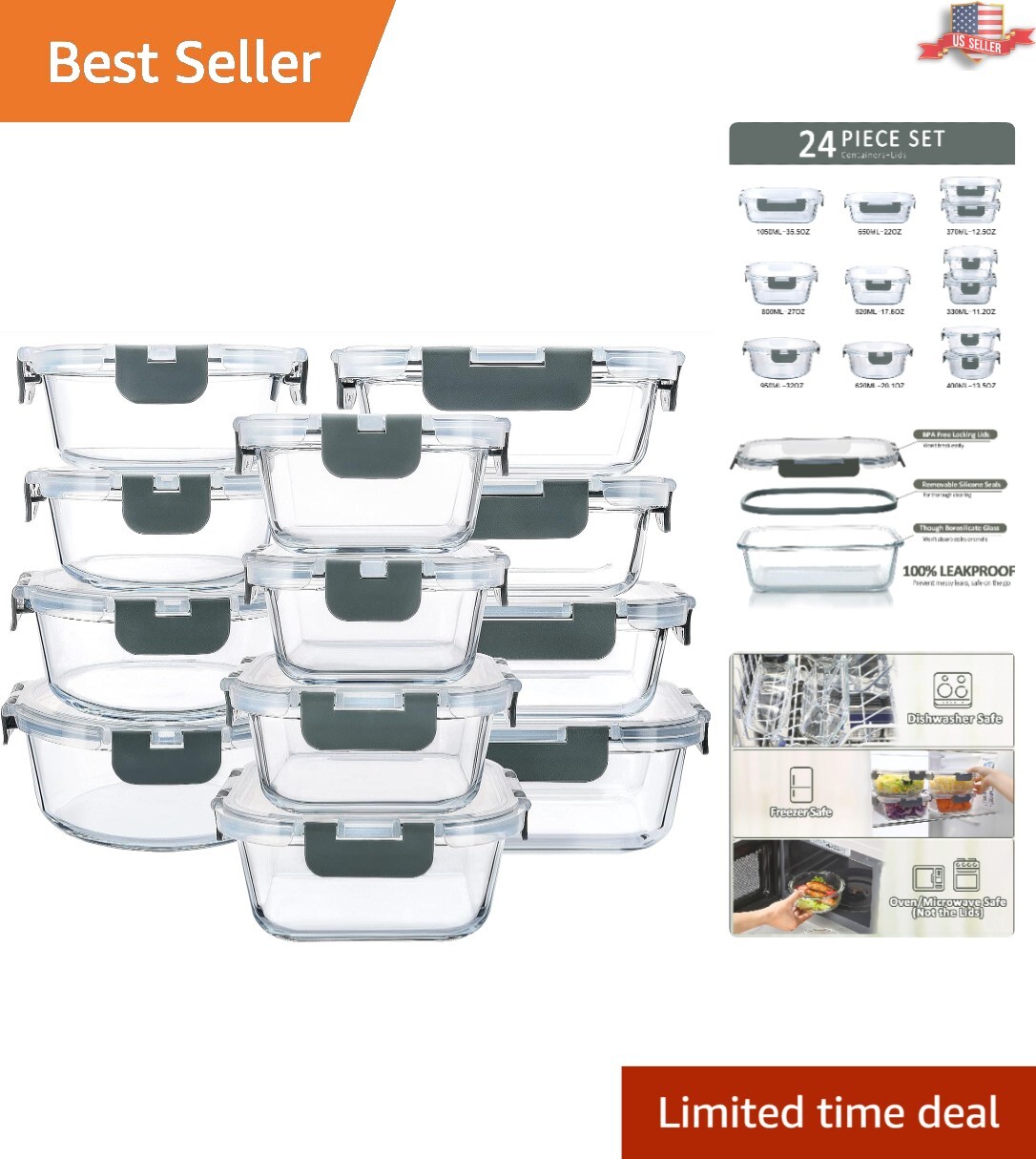 Airtight Glass Food Storage Containers – Microwave & Dishwasher Safe – 12 Pack
