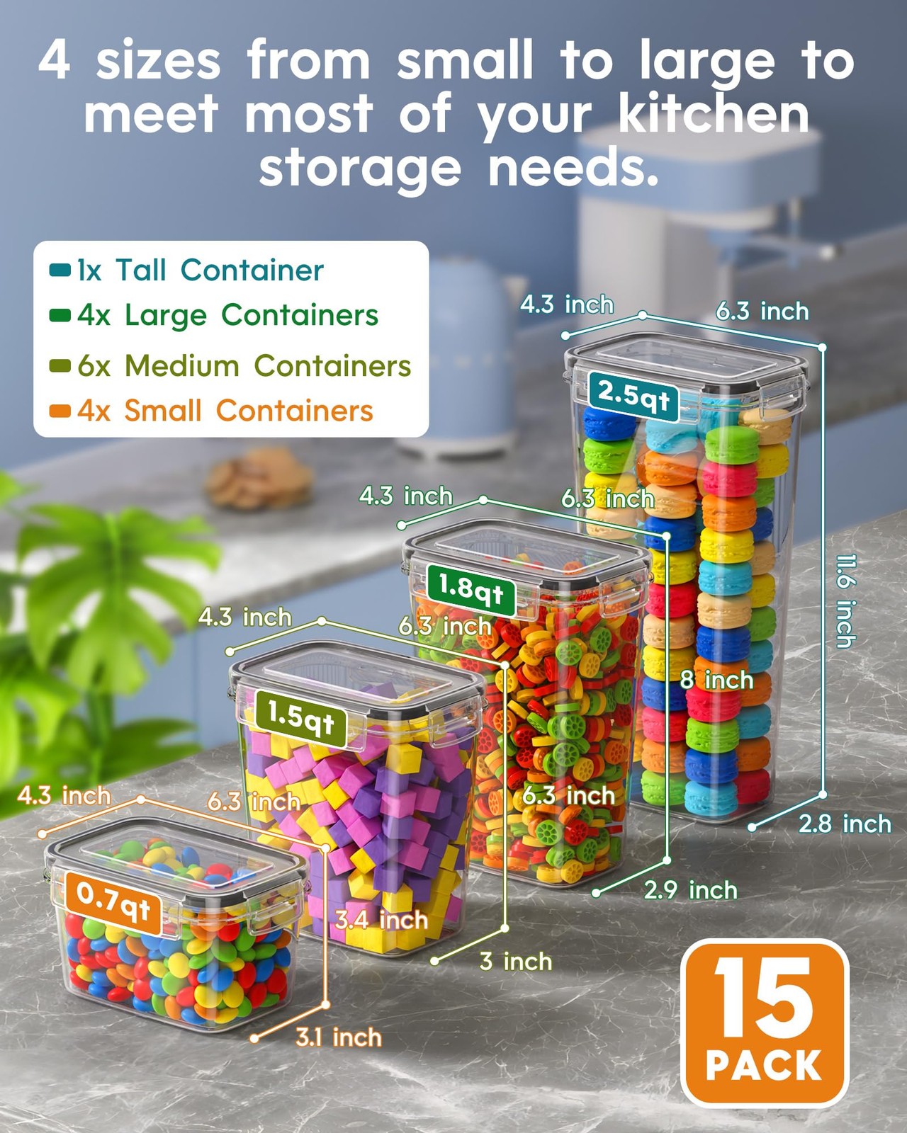 Airtight Food Storage Containers with Lids, 15 PCS Kitchen and Pantry Organiz…