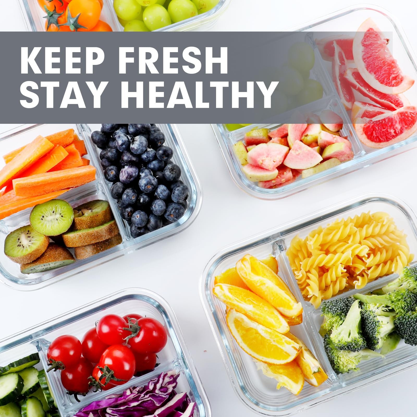 5 Pack Glass Meal Prep Containers 3 Compartment Set, 36OZ Airtight Glass Lunc…