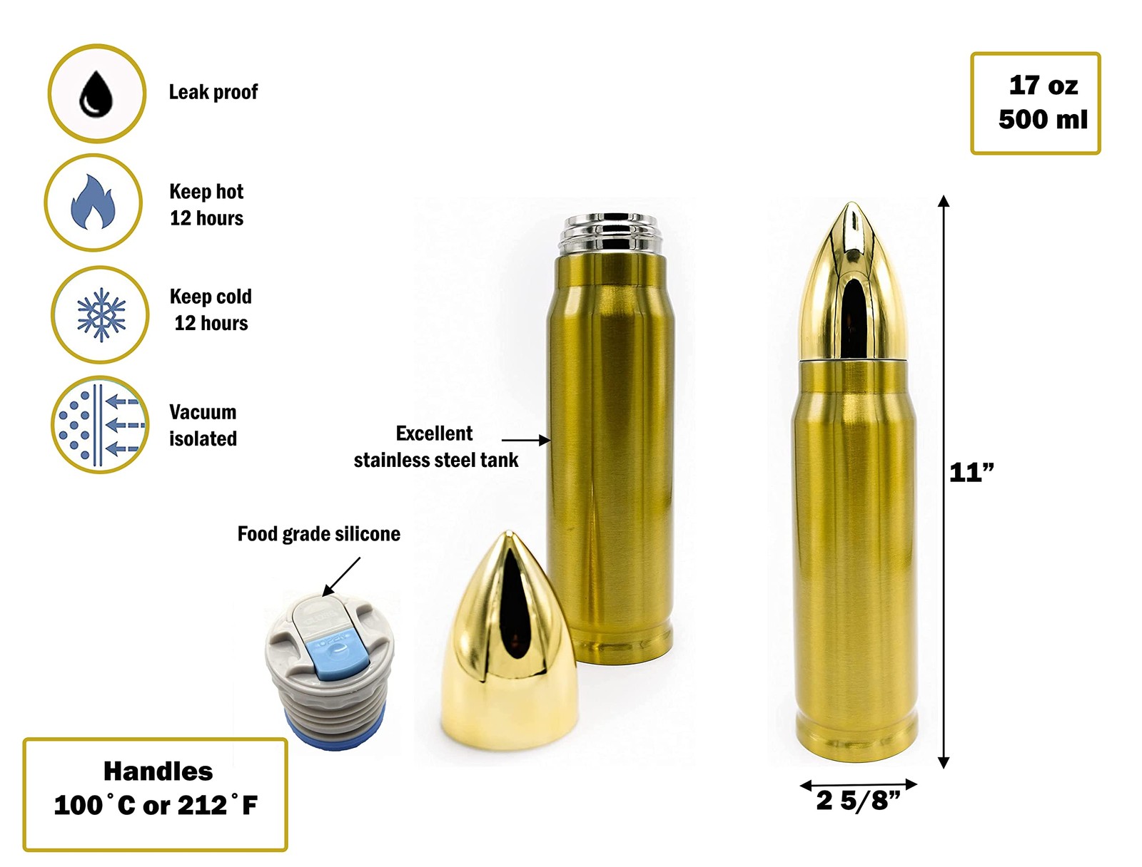 Caliber Gourmet Bullet Shaped Thermos Bottle – 17Oz Novelty Bullet Tumbler