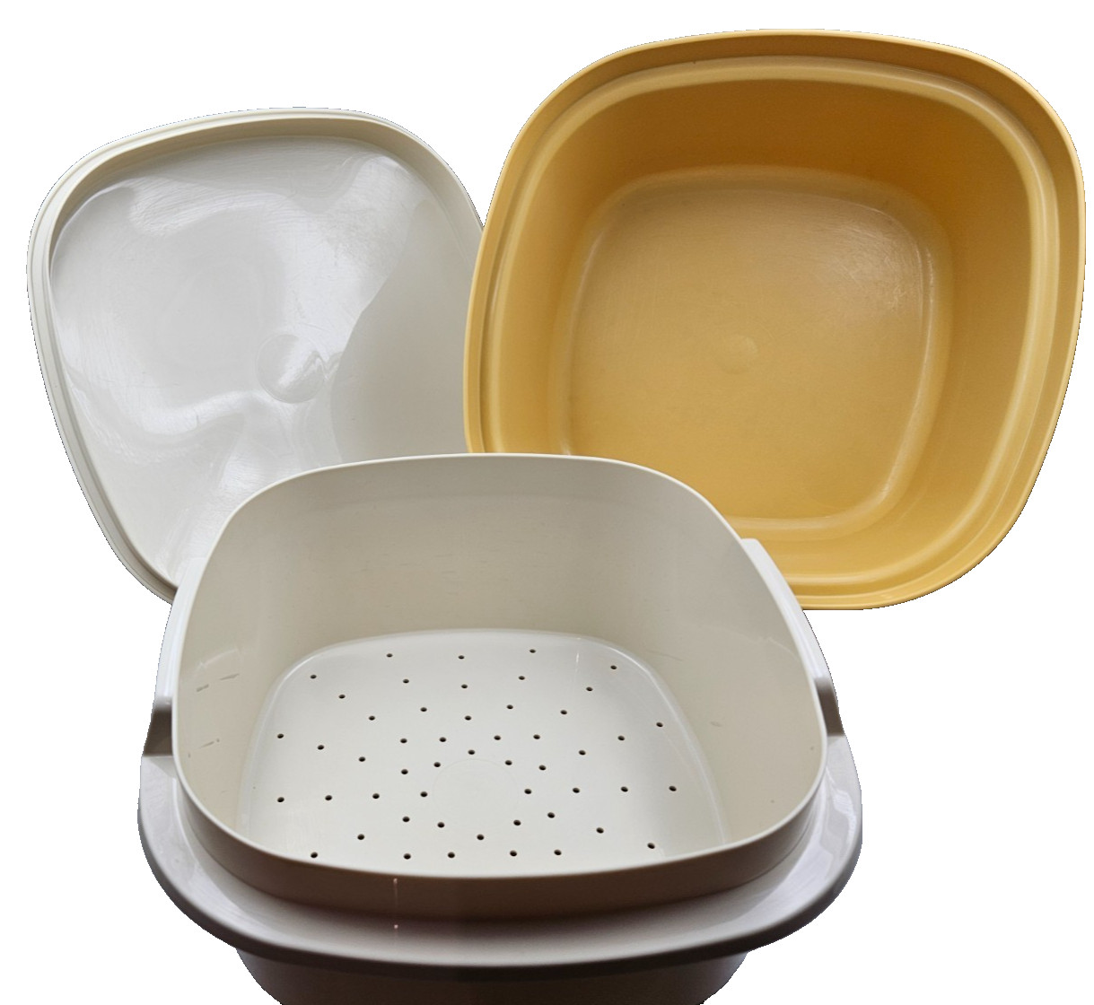 Vintage Tupperware 3 qt. Steam N Store Steamer #888-10 Harvest Gold 3 Piece Set