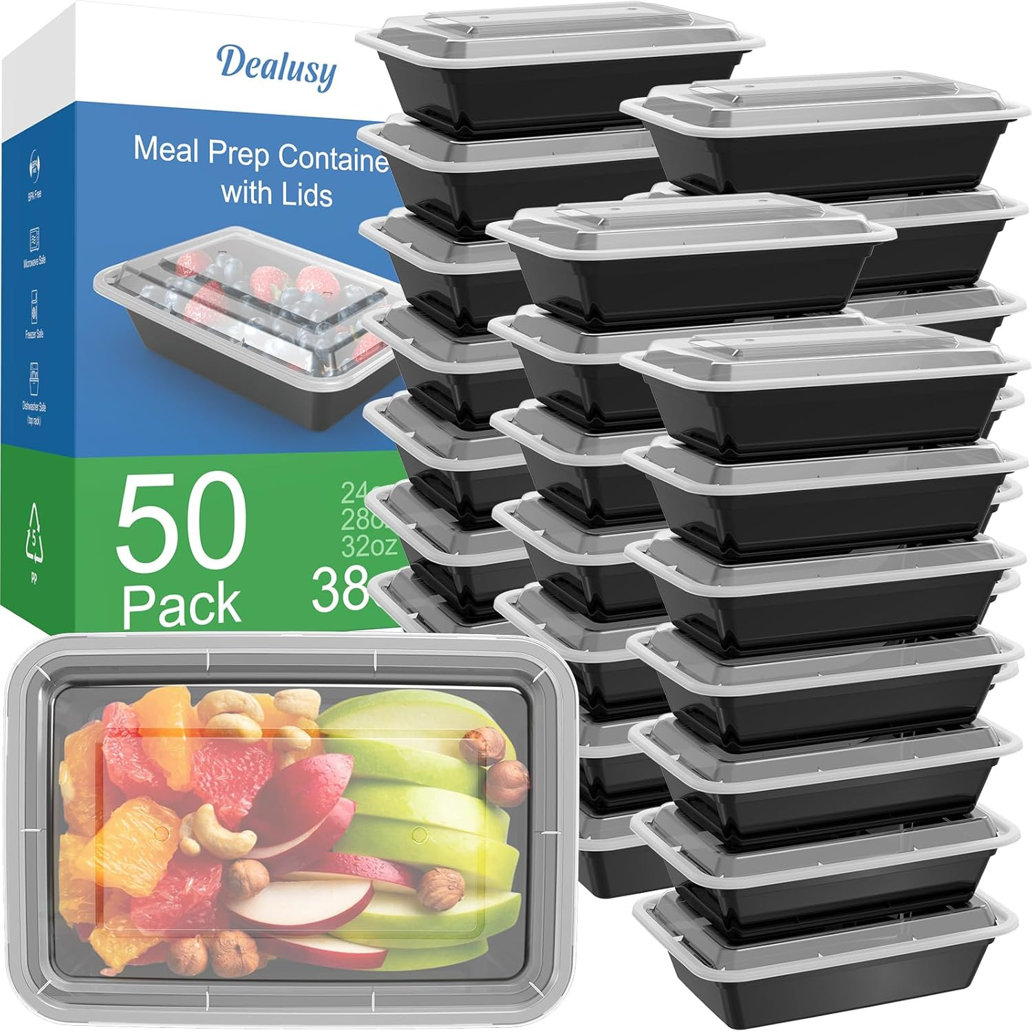 Dealusy 50 Pack (100-Piece) 38 Oz Meal Prep Containers Reusable with Lids, Sturd