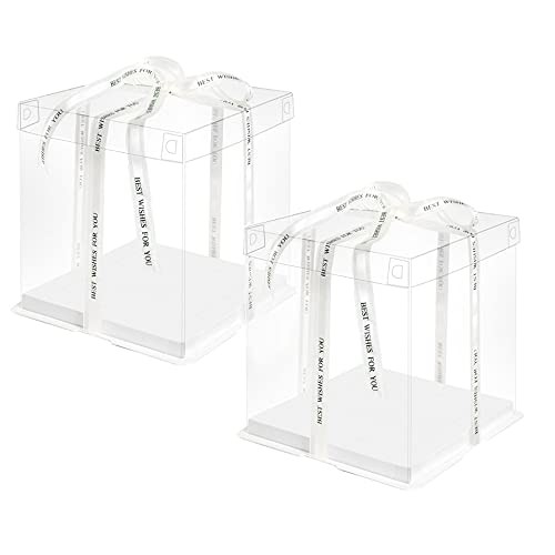 Clear Cake Box,4 Pcs Transparent Cake Box with Ribbon for Pastries10 X 10 X 9…