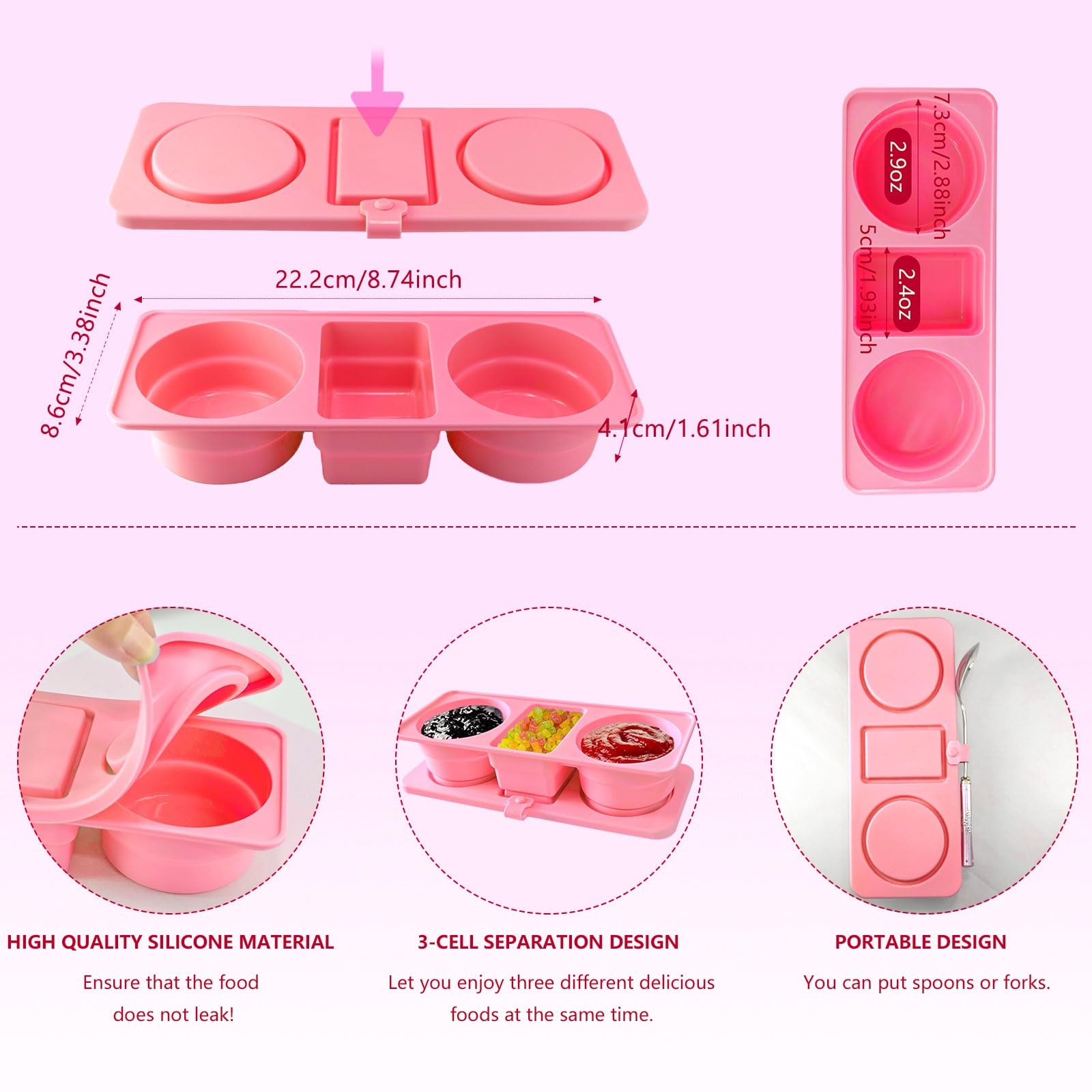 Silicone Snack Containers, Three-Compartment Foldable Snack Box Containers Wi…