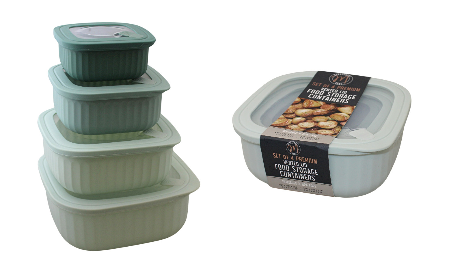 Set of 4 BPA-Free Square Food Storage Containers Vented Lids Assorted Sizes, Mic