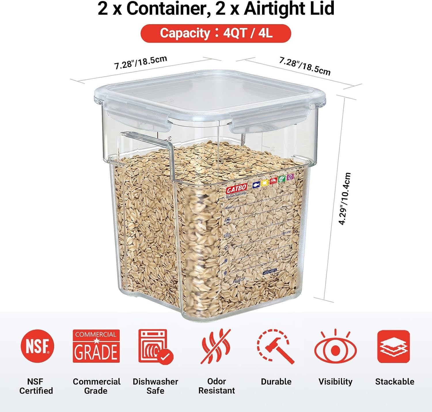 2 Pack 4 QT Airtight Commercial Food Storage Containers, Clear Food Storage C…