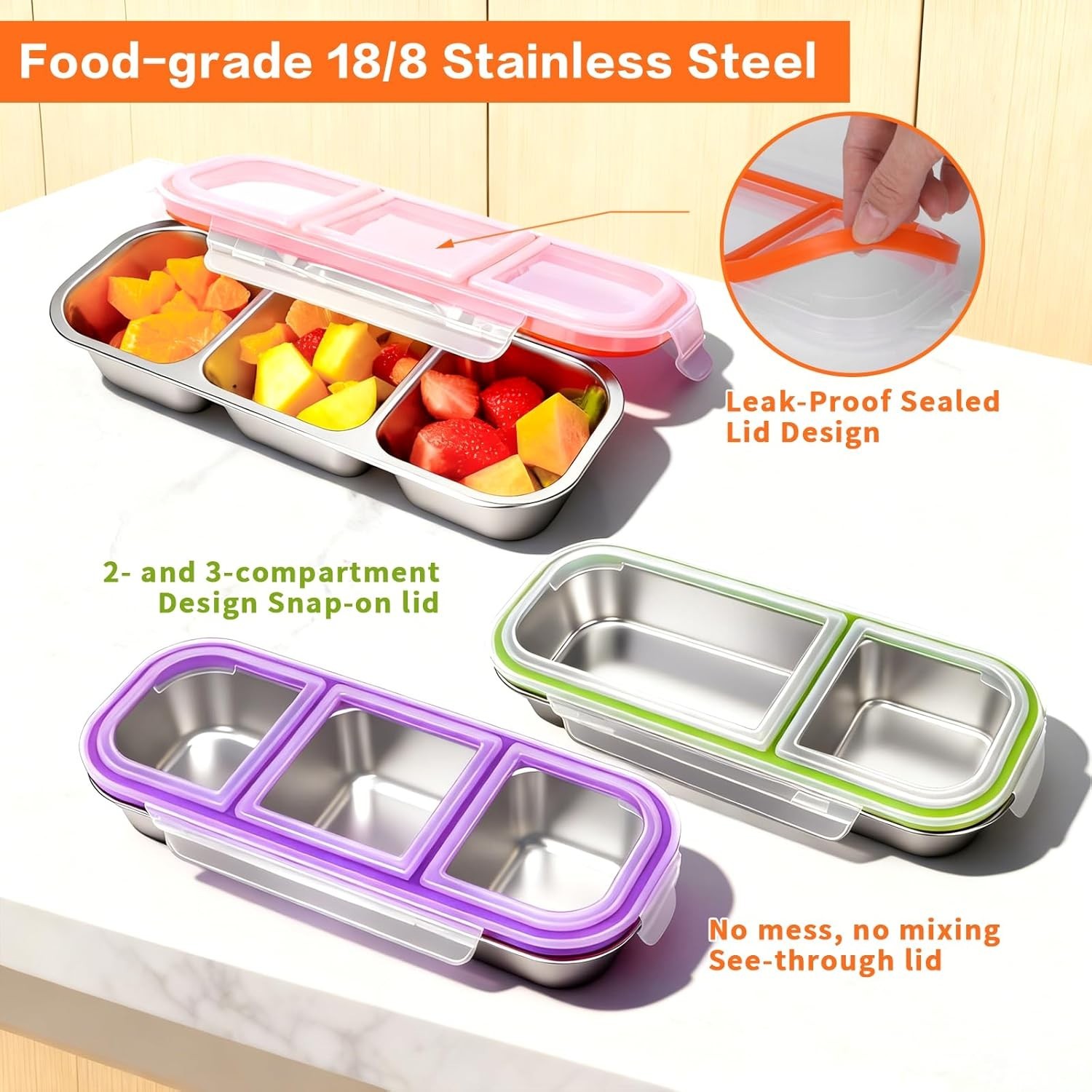 4 Pack Stainless Steel Snack Containers with Lids, 3-Compartments Reusable Lu…