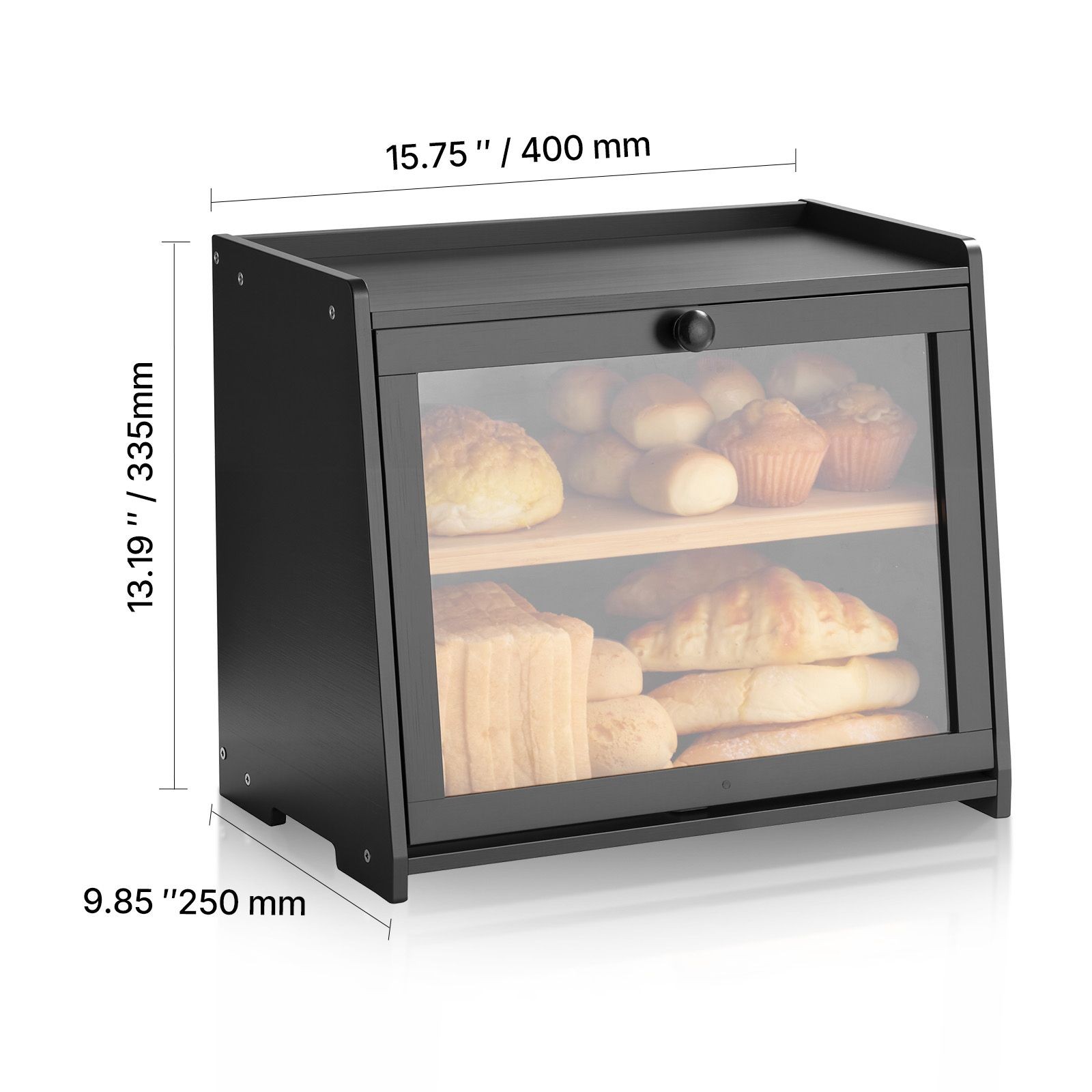 Double layer bamboo bread box with acrylic wavy door, large capacity for kitchen