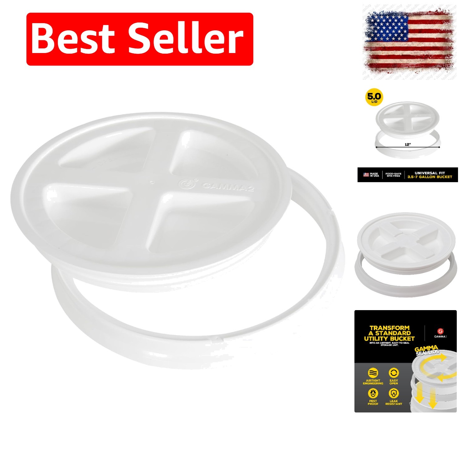 Gamma Seal Lid for Utility Buckets – Fits 3.5, 5, 6 & 7 gallon buckets, White,