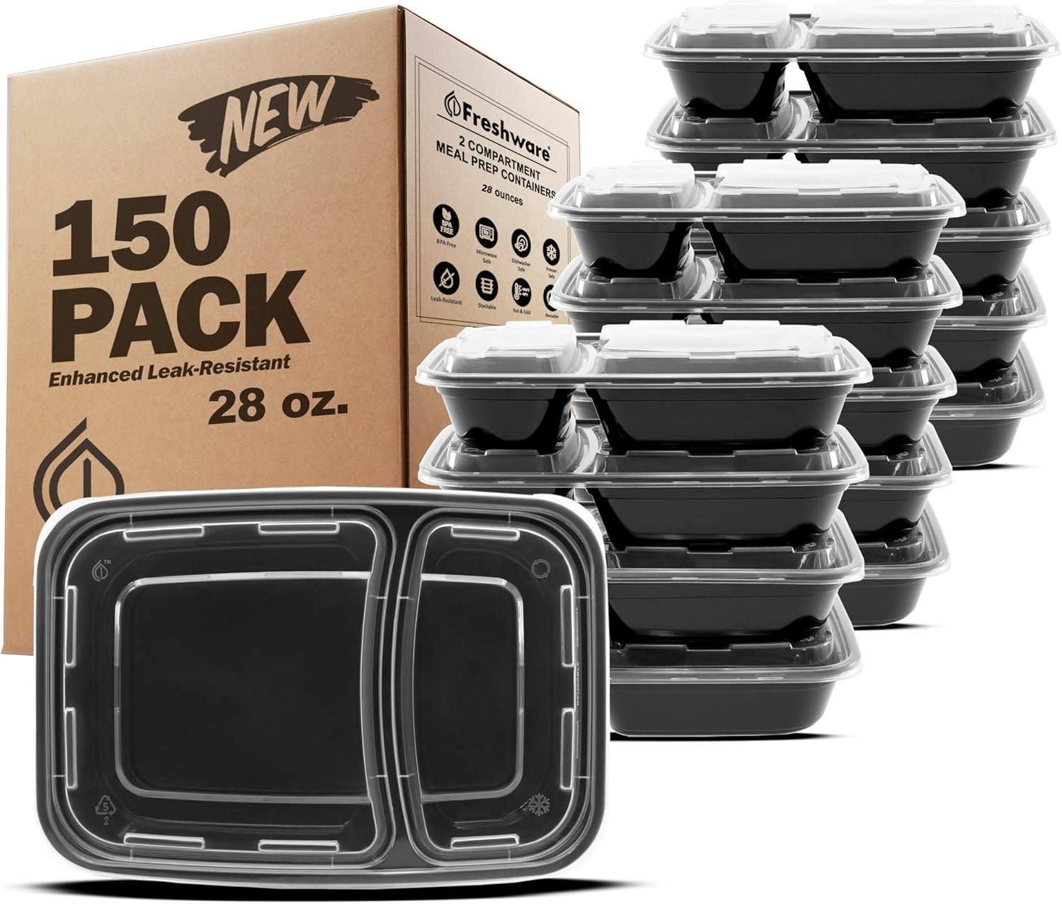 Meal Prep Containers with Lids 28 Oz [150 Pack] 2-Compartment Food Storage Conta