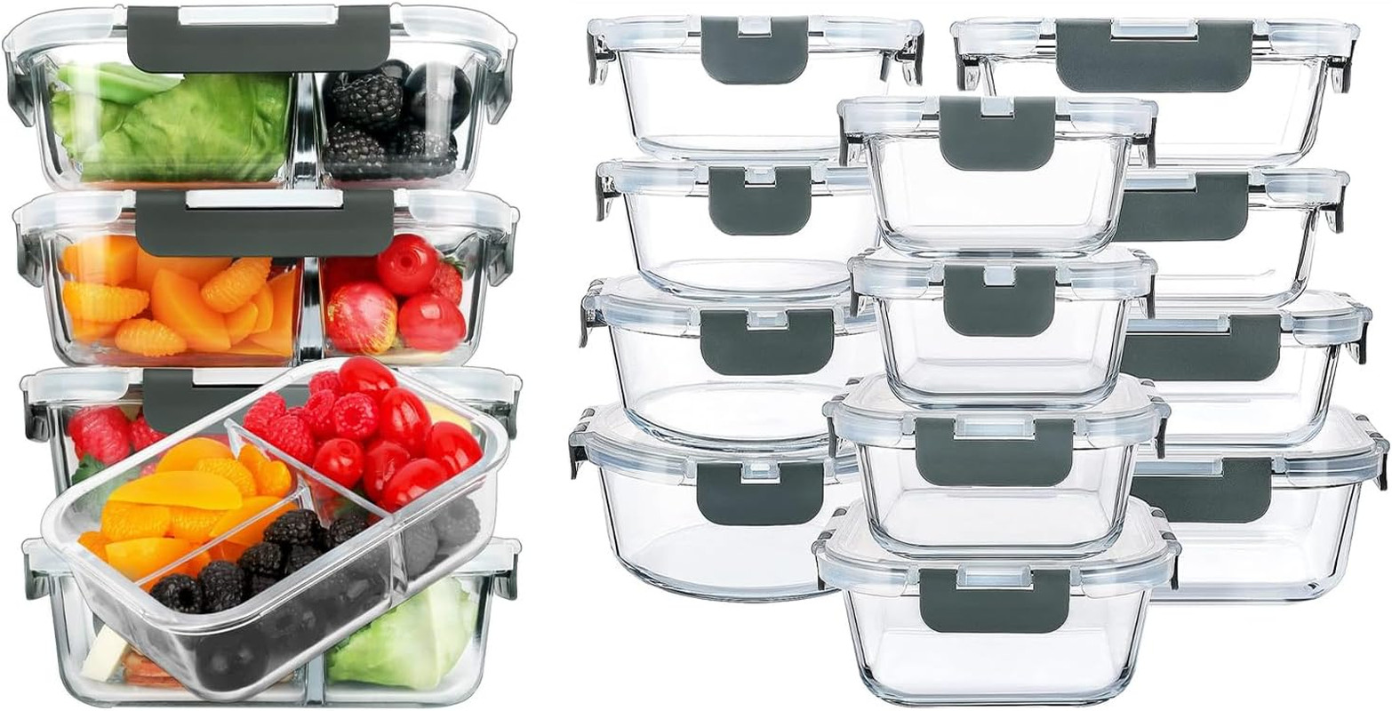 36 Oz 3 Compartments Glass Meal Prep Containers Set of 5 and 24Pcs Glass Food St