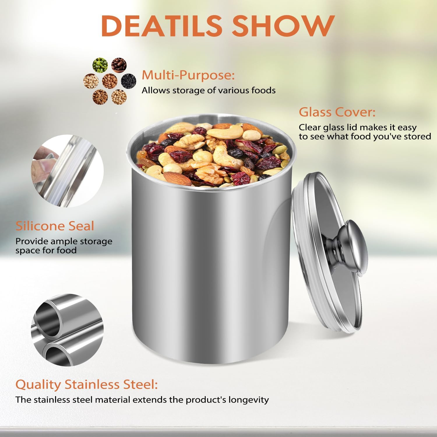 Stainless Steel Food Storage Container Set of 3, 88/61/29 oz with Clear Glass Li