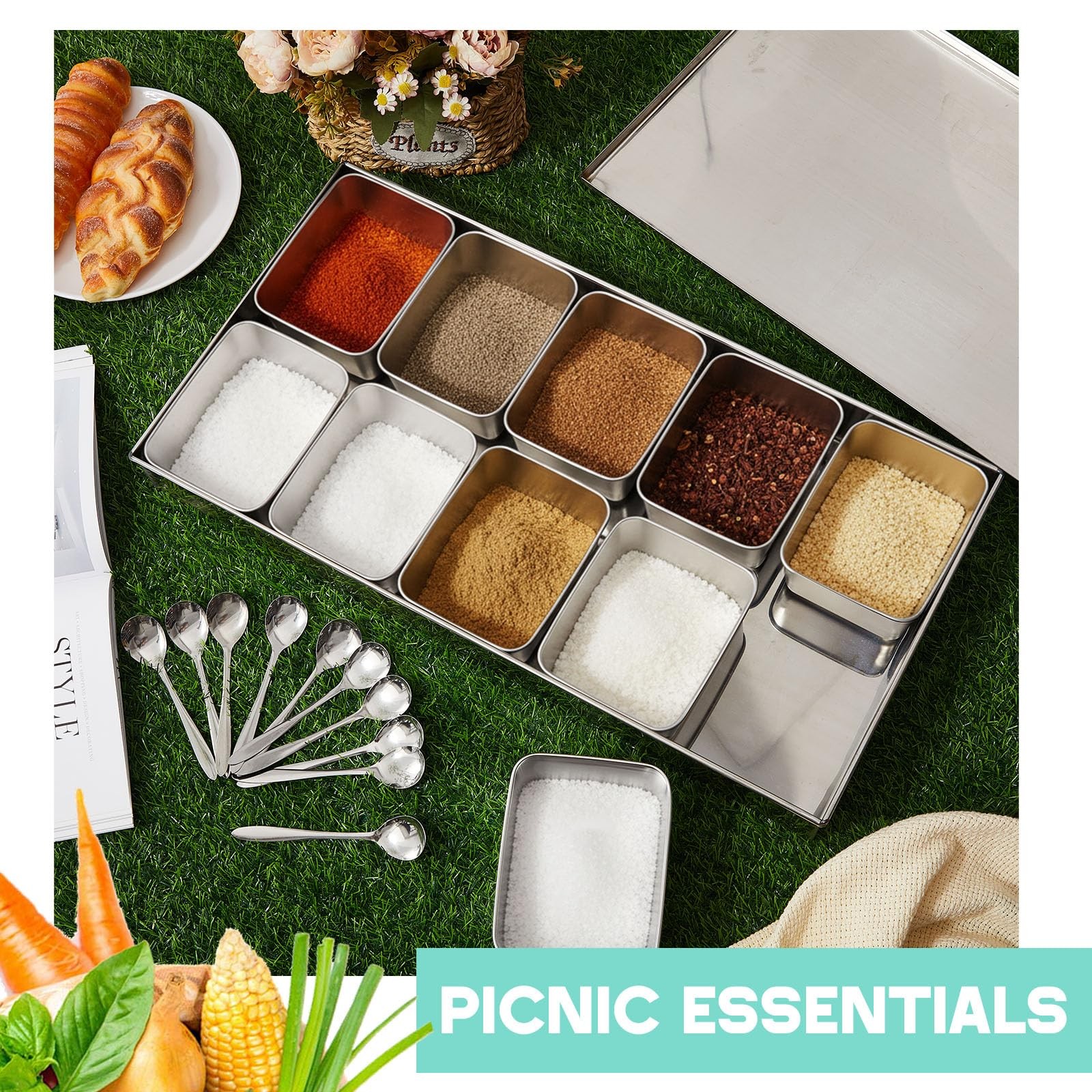 Boao 10 Compartment 304 Yakumi Pans 21.9 x 11.6 x 2.6 inches, sliver
