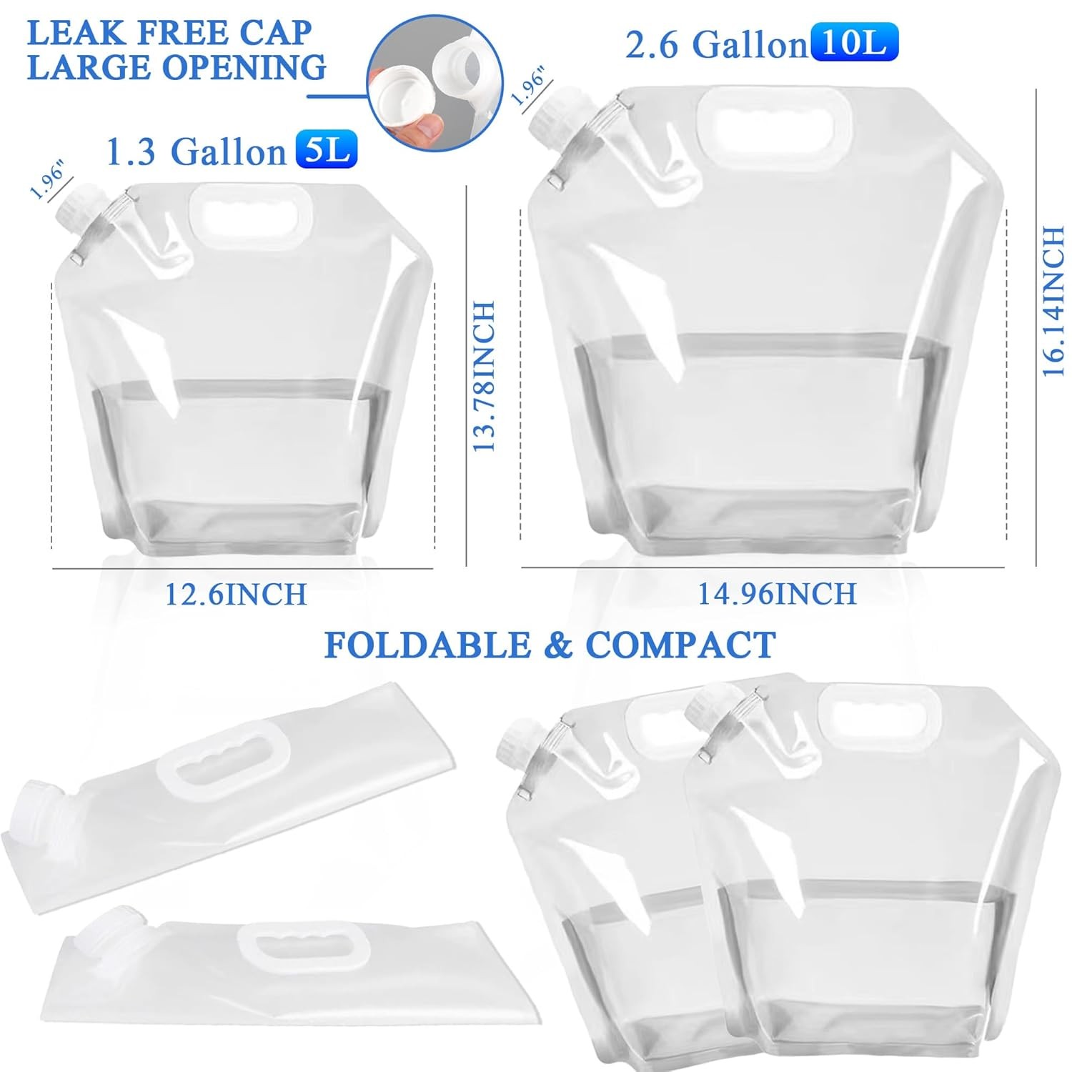 4 Pack Collapsible Water Jugs, 1.3/2.6 Gallon – BPA Free Clear Plastic Water Bag