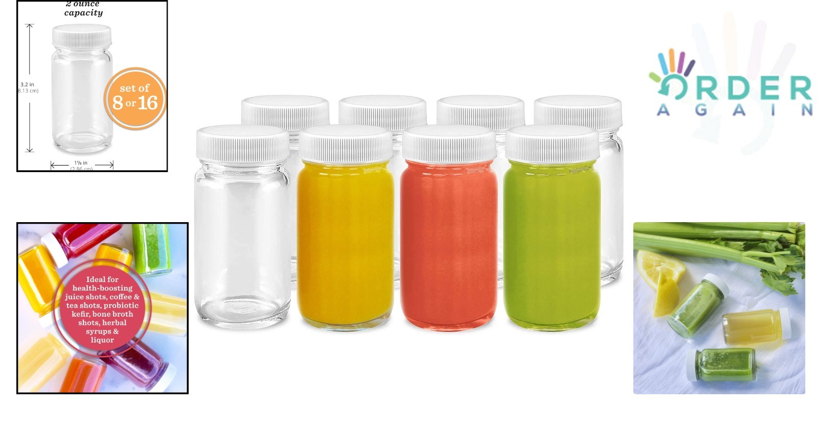 Juice Shot Bottles Glass 2oz Wide Mouth Leakproof Reusable 8 Pack