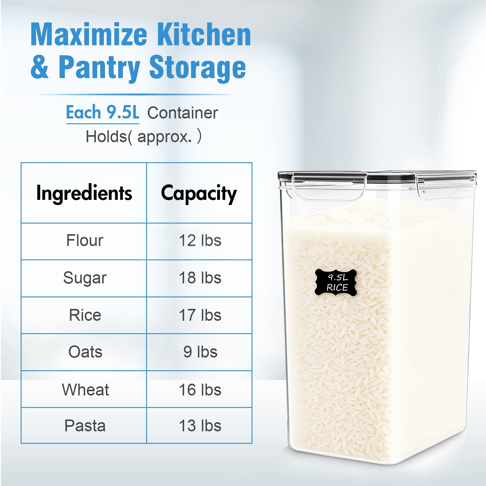 2 Pcs Flour&Grain Storage Containers,9.5L Airtight Food Storage Canisters w/Lids