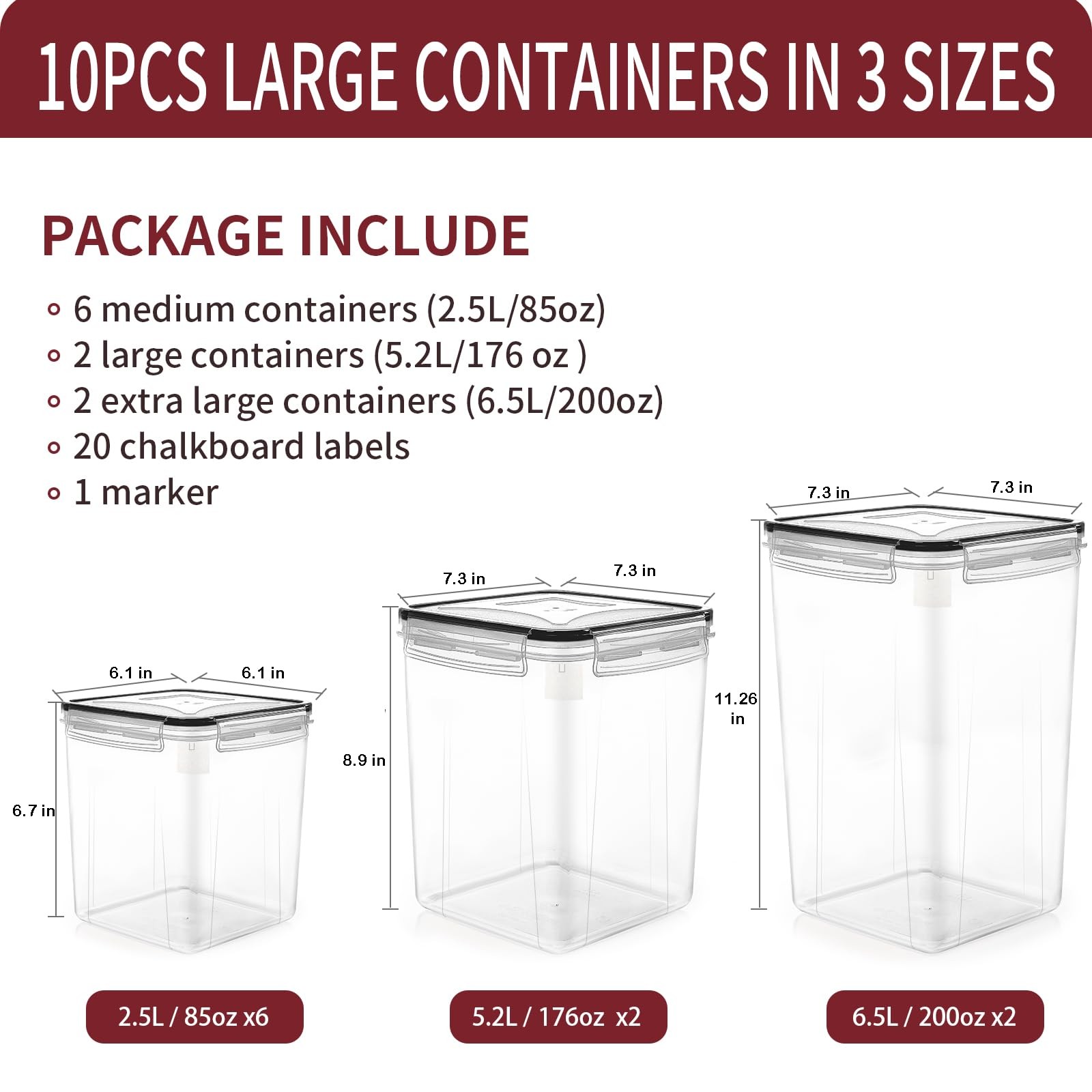PRAKI 10PC Large Airtight Food Storage Containers Set – Cereal, Flour, Sugar