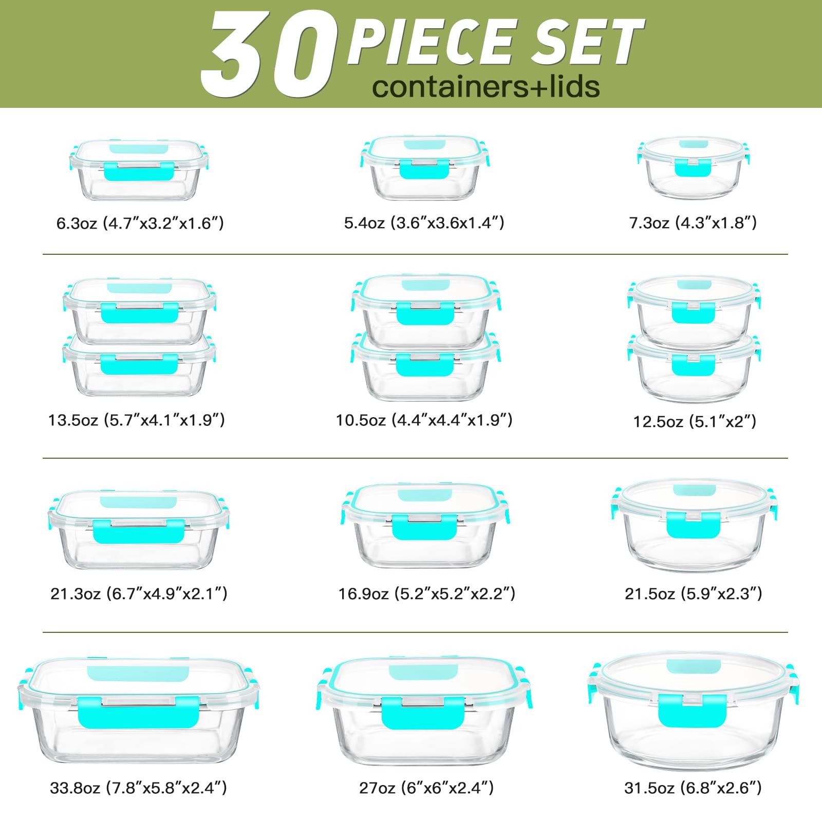 BAYZZ 30 Piece Glass Food Storage Containers Set, Glass Meal Prep Containers …