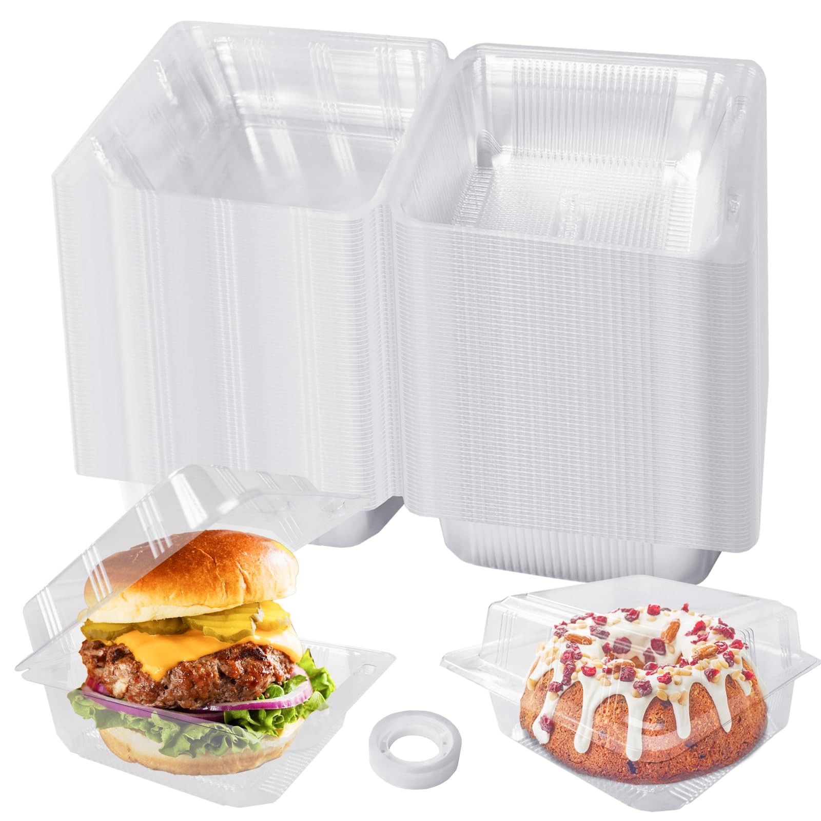 Haawooky 100 Pcs Clear Plastic Square Hinged Food Container,Disposable Cake S…