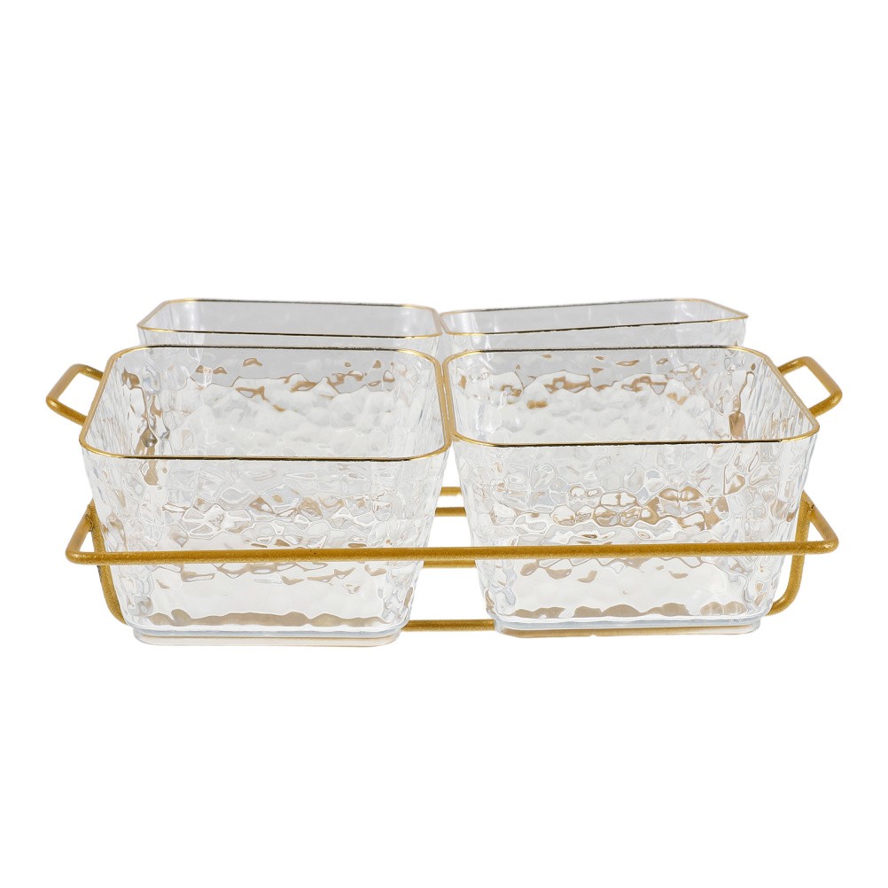 Four Compartment Clear Acrylic Snack Tray Bowl With Metal Rack For Serving