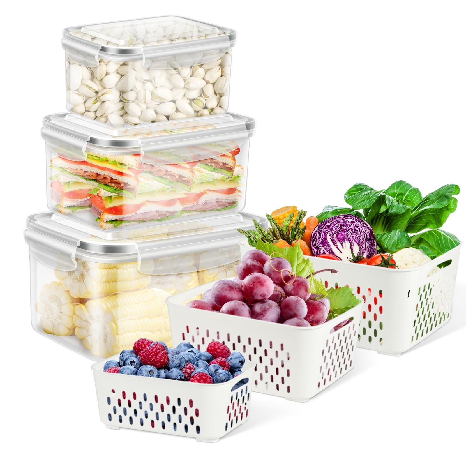 Fruit Storage Containers for Fridge, 6 Pcs Produce Saver with Colander for Ri…