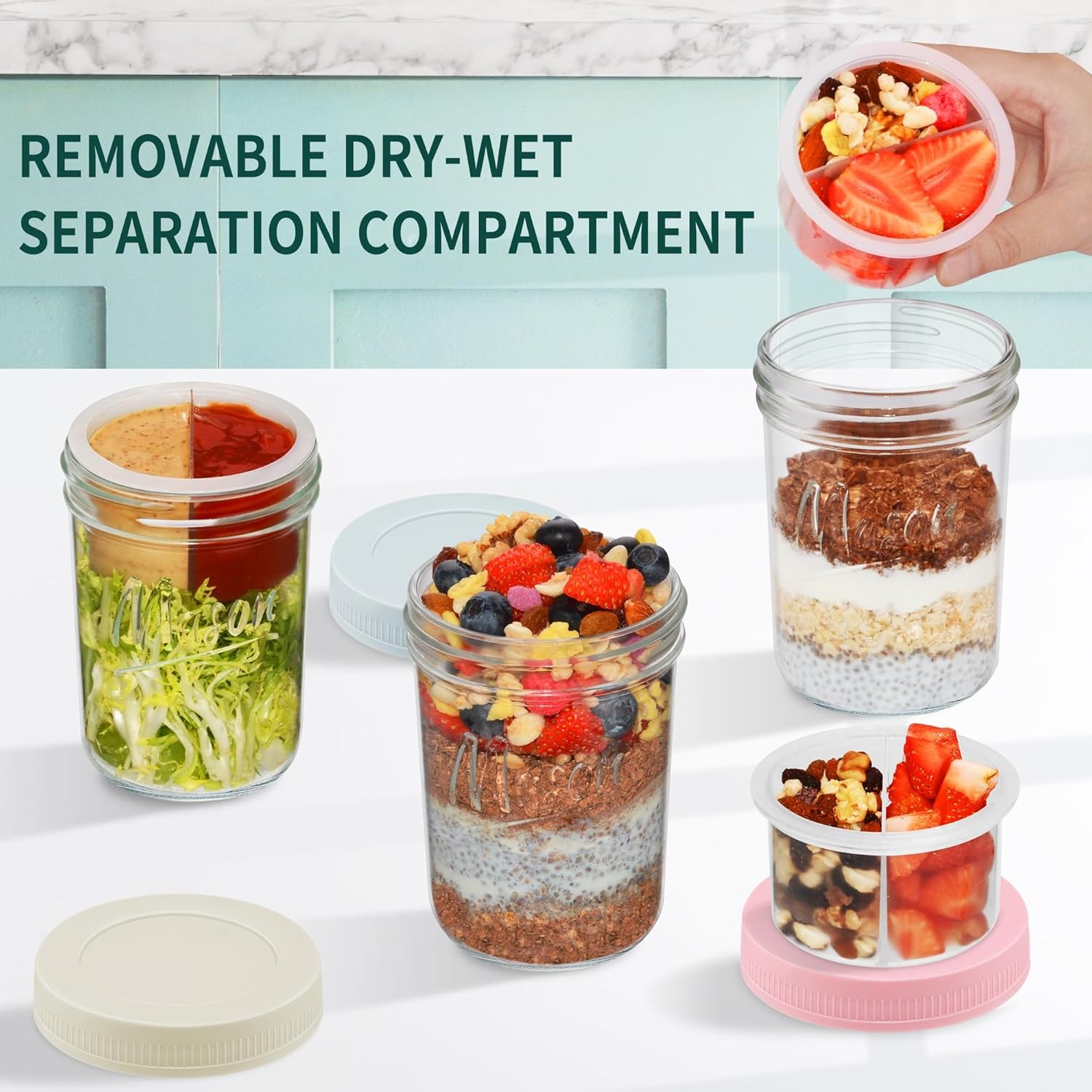 16 oz Overnight Oats Containers with Lids, 6-Pack Leak-Proof Wide Mouth Mason
